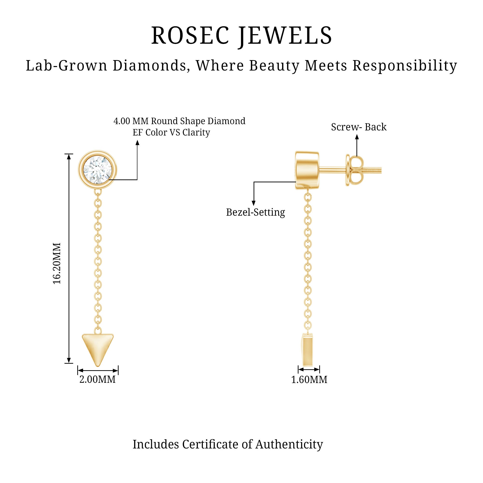 Certified Bezel Set Lab Grown Diamond Long Chain Earrings Lab - ( EF-VS ) - Rosec Jewels