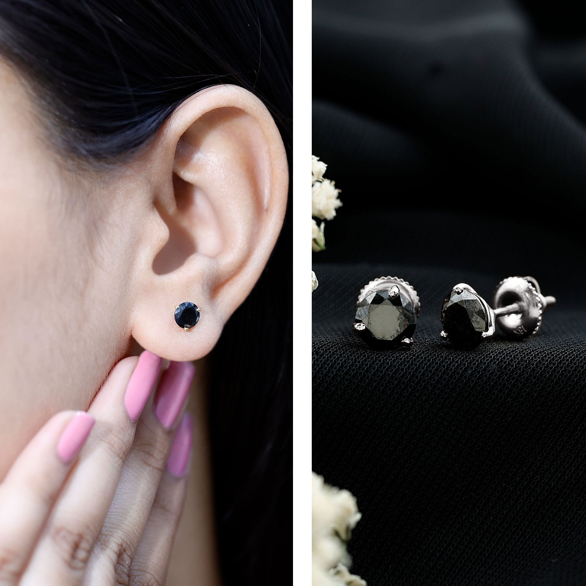 Lab Created Black Diamond Solitaire Stud Earrings with Screw Back AAAA ( Synthetic ) 18K White Gold - Rosec Jewels