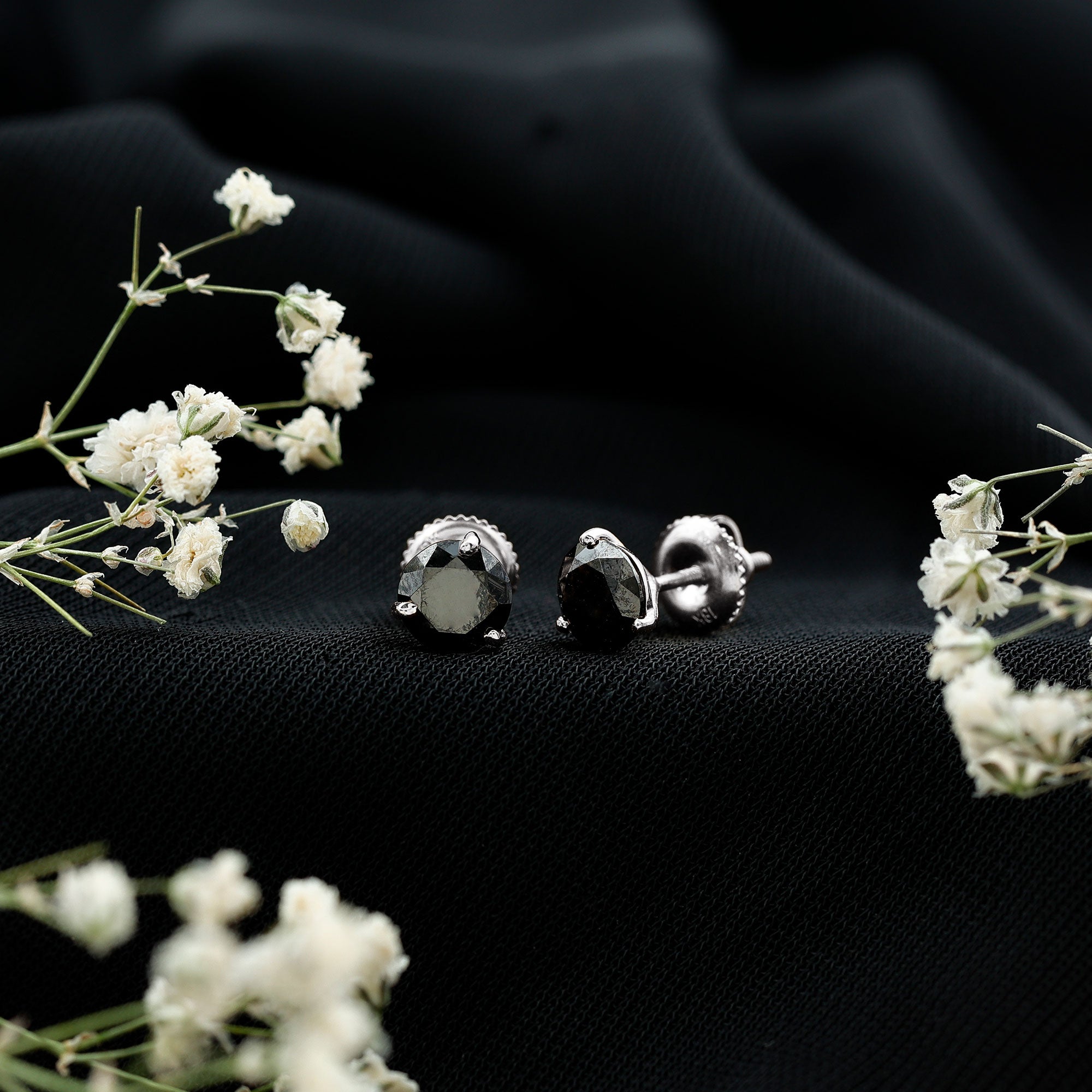 Lab Created Black Diamond Solitaire Stud Earrings with Screw Back AAAA ( Synthetic ) 18K White Gold - Rosec Jewels