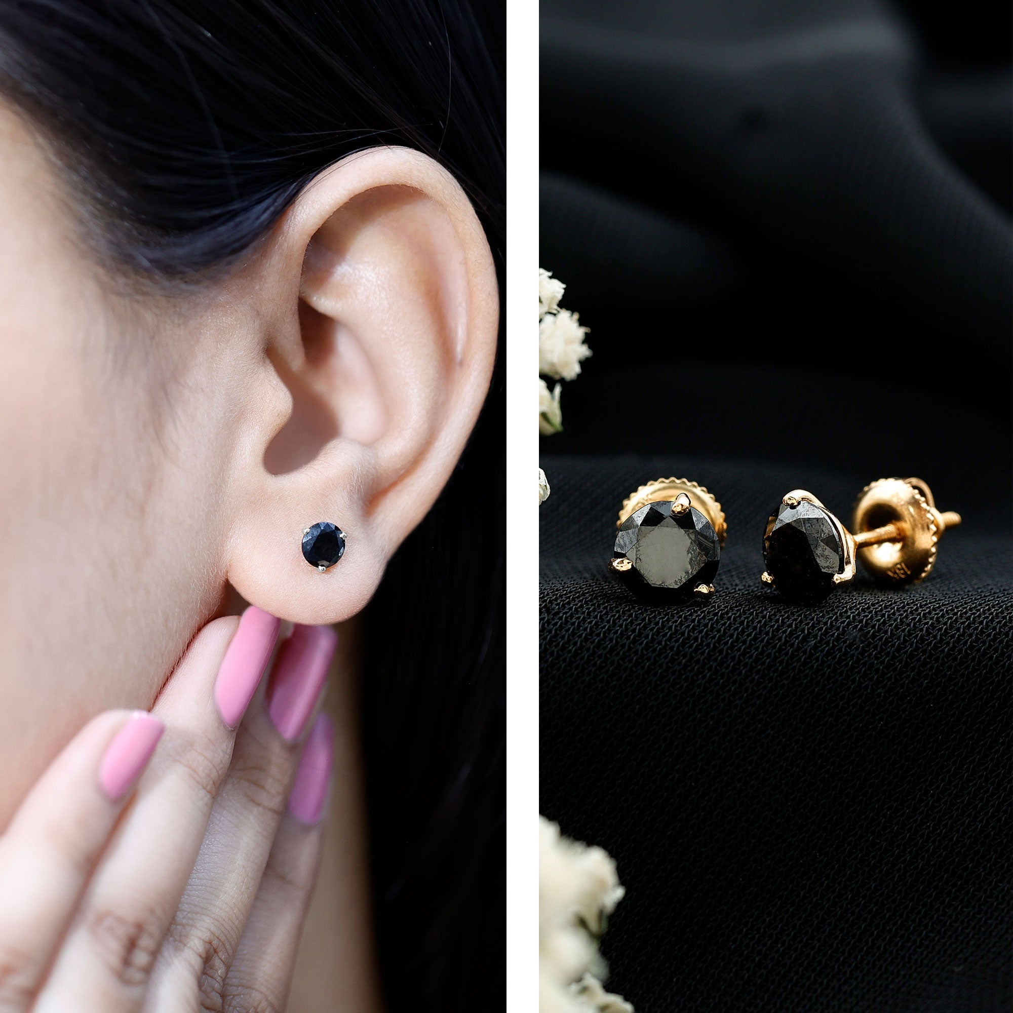 Lab Created Black Diamond Solitaire Stud Earrings with Screw Back AAAA ( Synthetic ) 18K Yellow Gold - Rosec Jewels