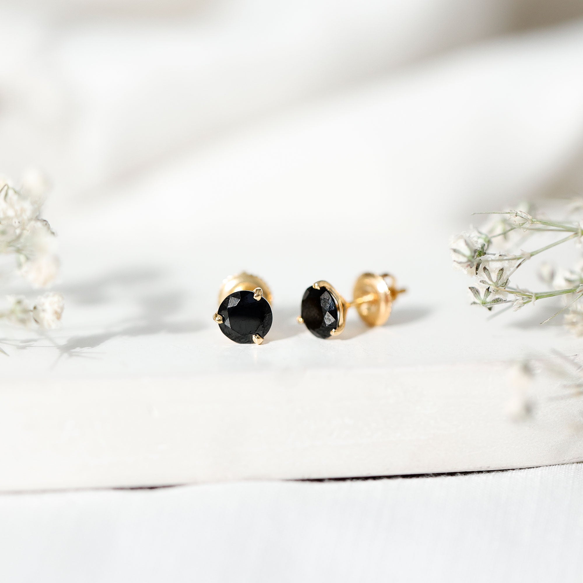 Lab Created Black Diamond Solitaire Stud Earrings with Screw Back AAAA ( Synthetic ) 18K Yellow Gold - Rosec Jewels