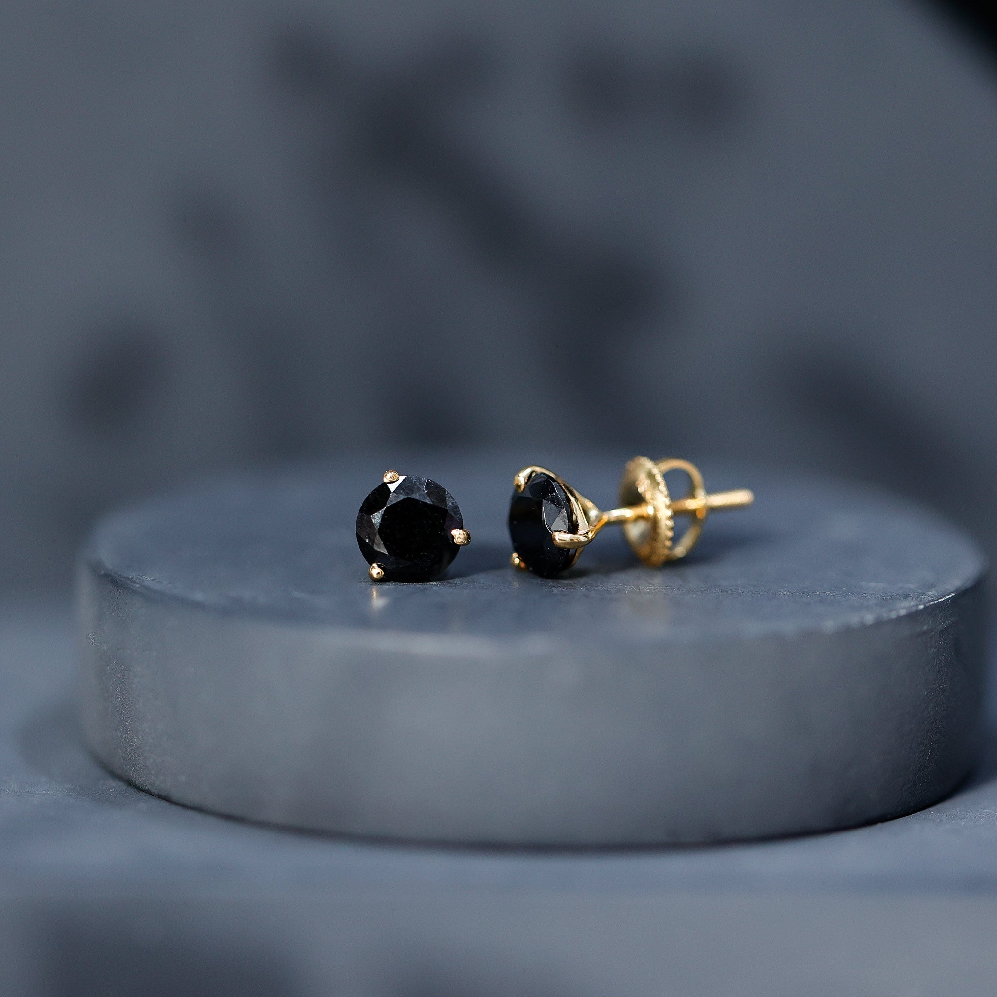 Lab Created Black Diamond Solitaire Stud Earrings with Screw Back AAAA ( Synthetic ) 18K Yellow Gold - Rosec Jewels