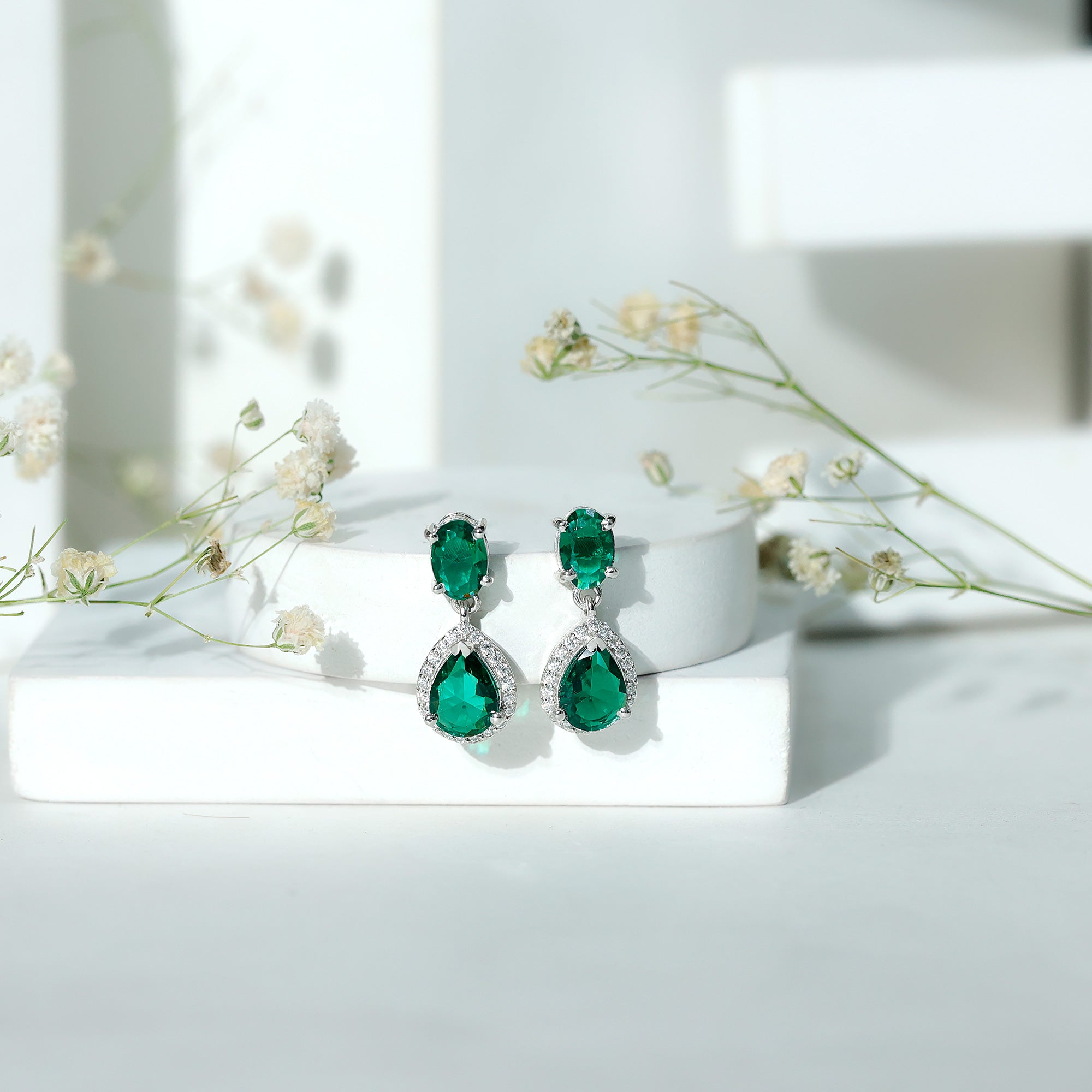 Lab Created Emerald Classic Dangle Earrings with Moissanite AAAA - Rosec Jewels