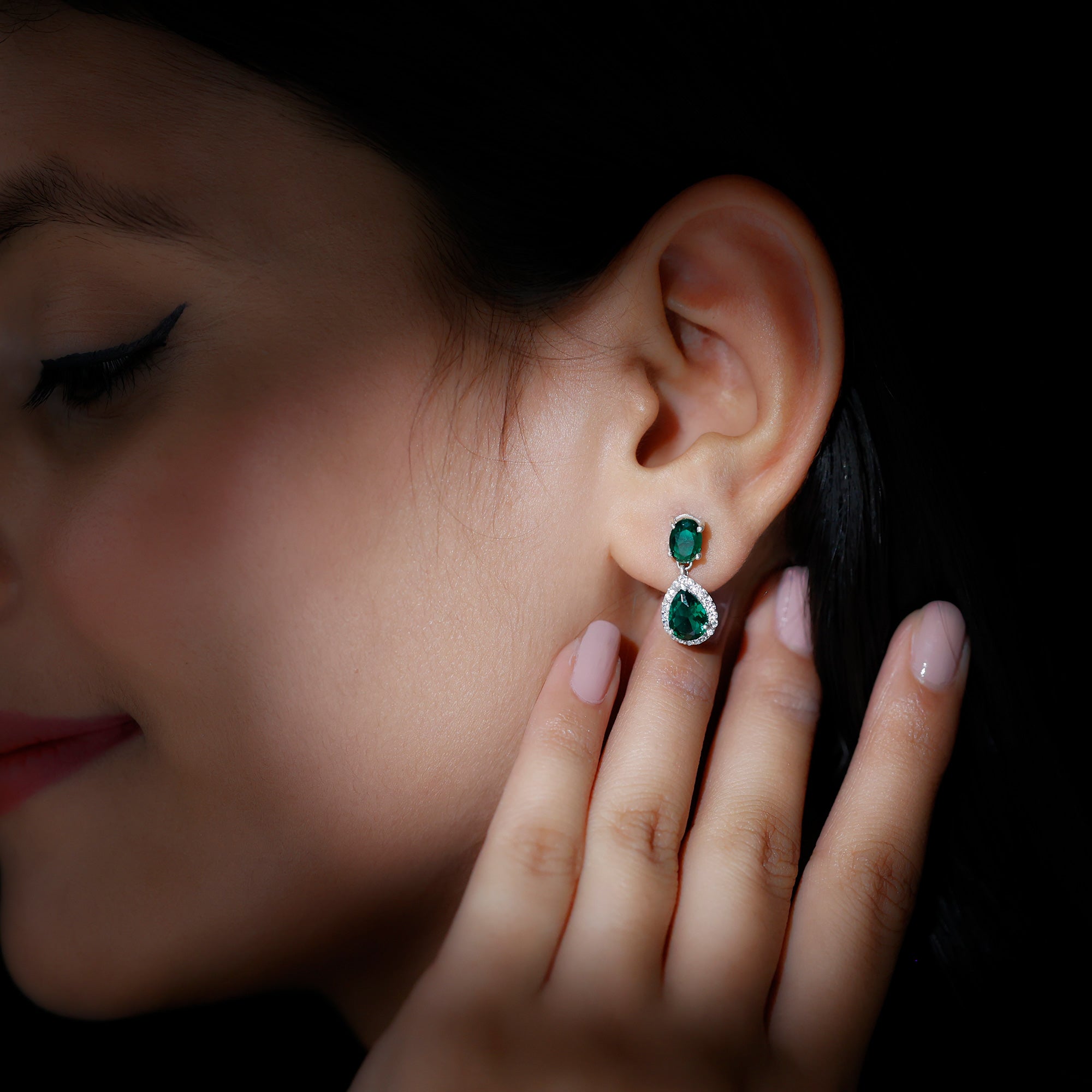 Lab Created Emerald Classic Dangle Earrings with Moissanite AAAA - Rosec Jewels