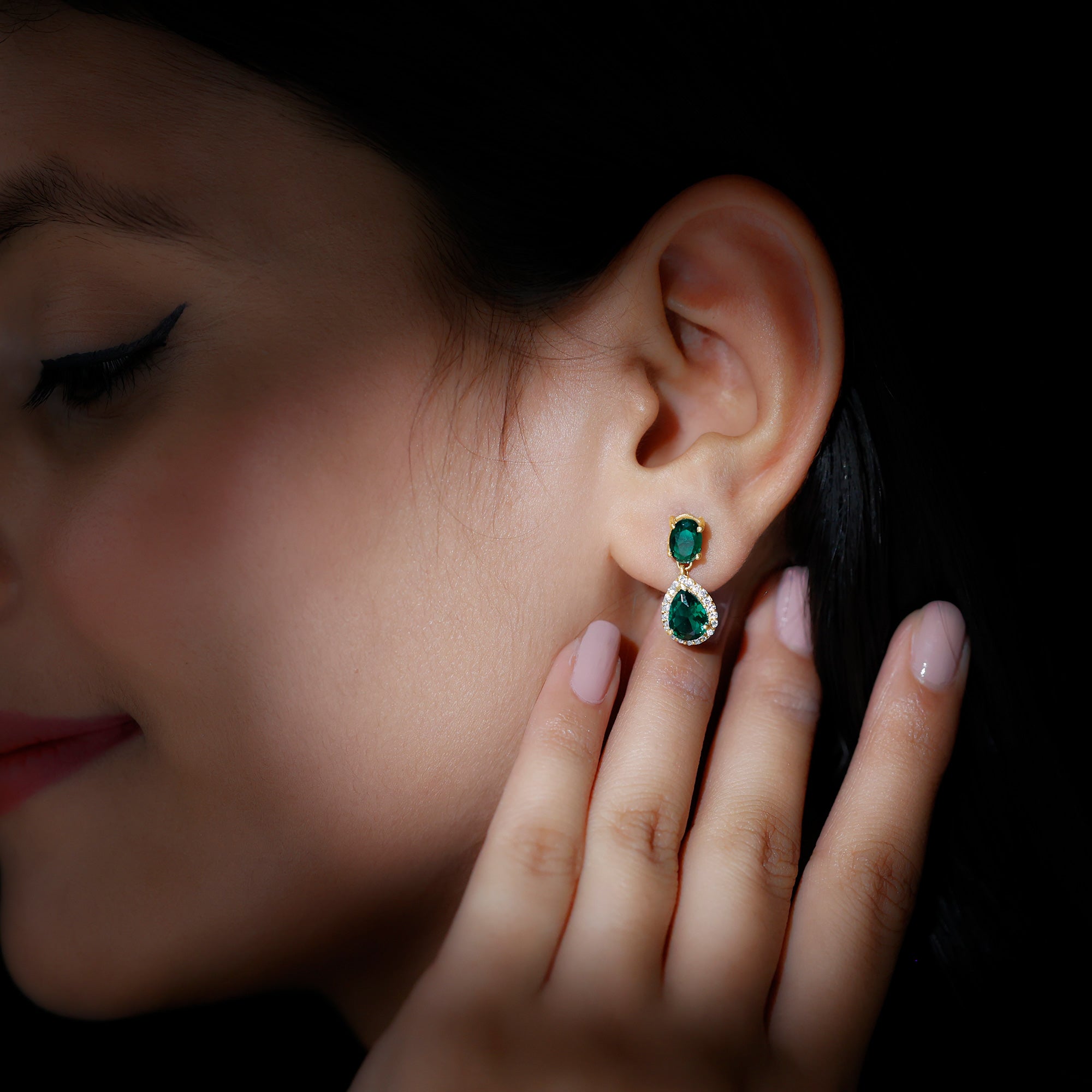 Lab Created Emerald Classic Dangle Earrings with Moissanite AAAA - Rosec Jewels