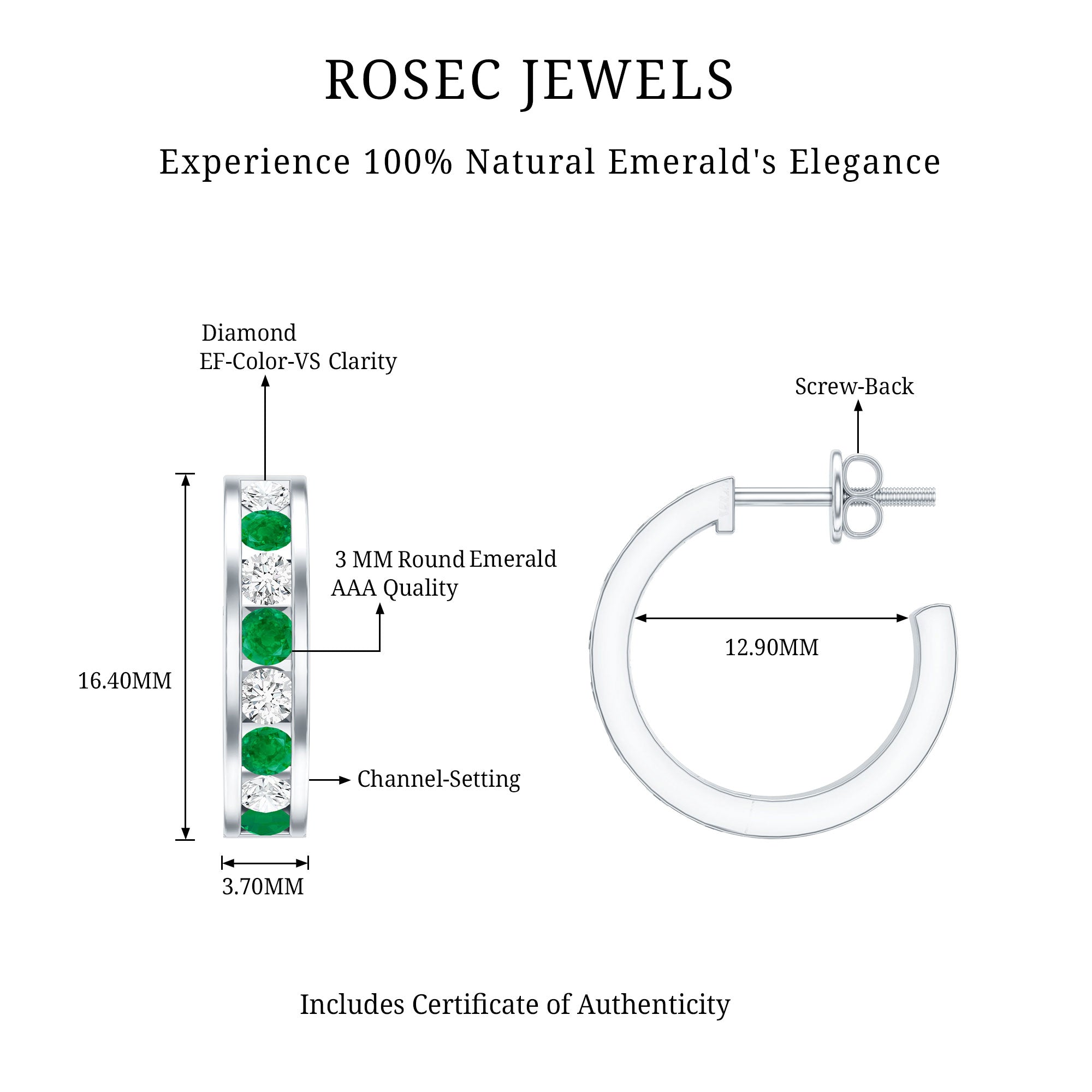 Certified Emerald and Lab Diamond Hoop Earrings AAA - Rosec Jewels