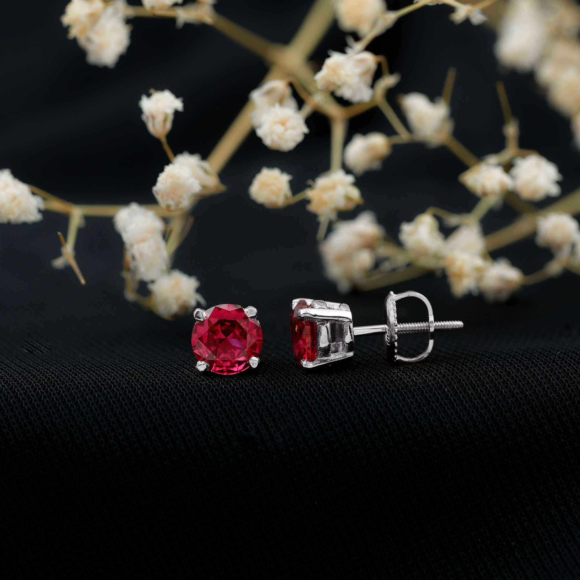 Round Lab Created Ruby Solitaire Stud Earrings AAAA - Rosec Jewels