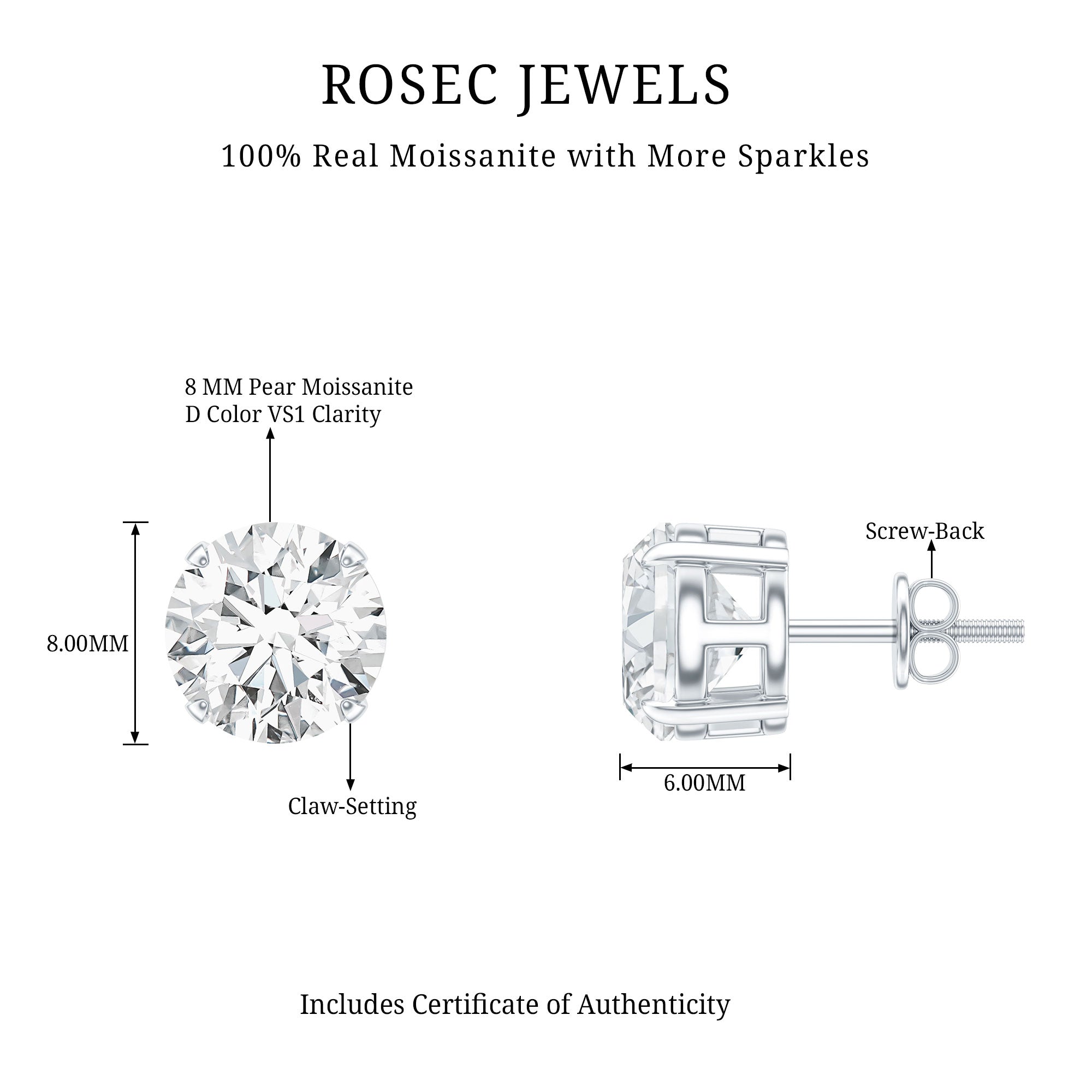 Certified 4 Carat Moissanite Stud Earrings in Silver D-VS1 92.5 Sterling Silver - Rosec Jewels