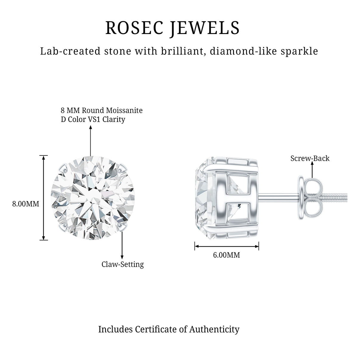 Certified 4 Carat Moissanite Stud Earrings in Silver D-VS1 92.5 Sterling Silver - Rosec Jewels