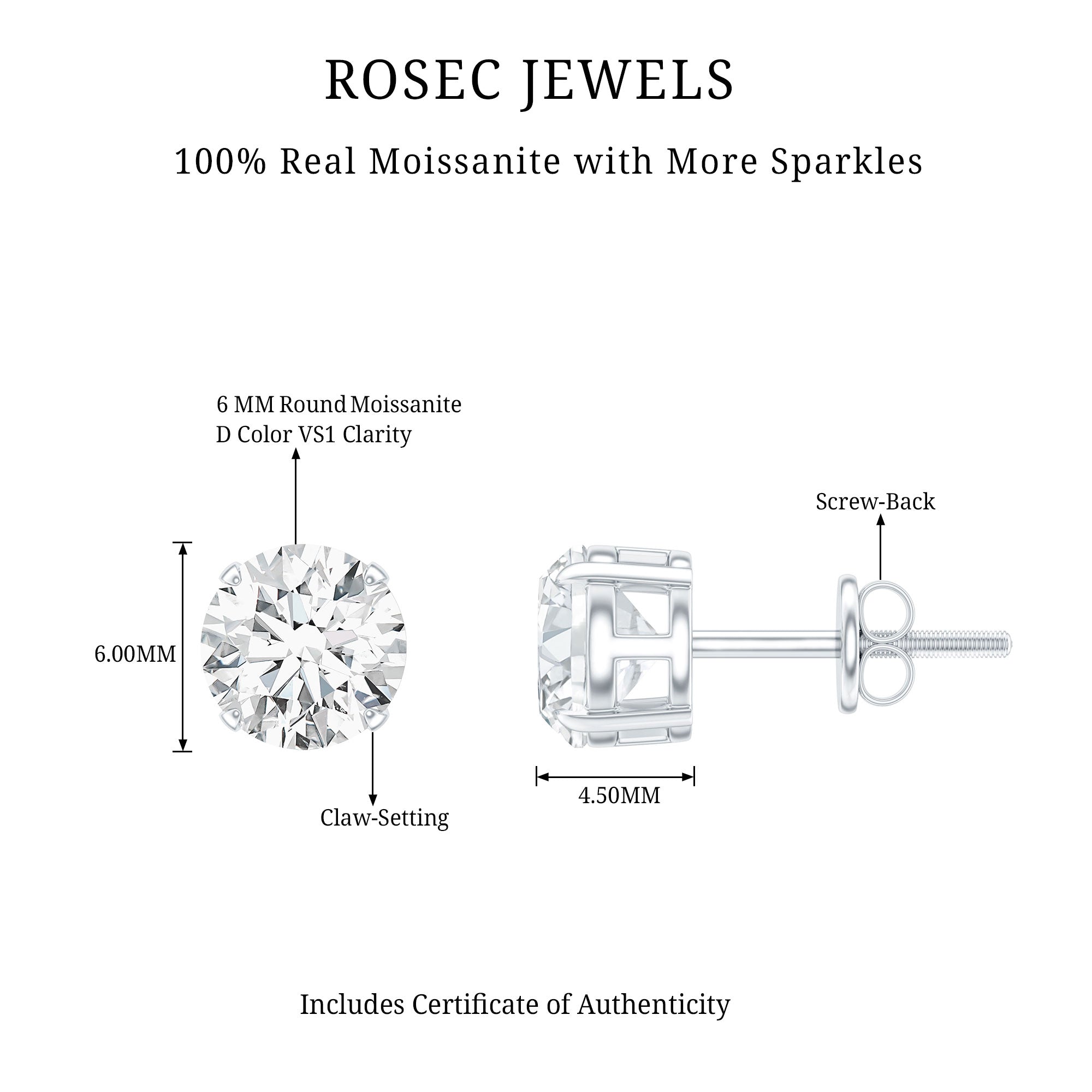 2 Carat Moissanite Solitaire Stud Earrings in Silver D-VS1 92.5 Sterling Silver - Rosec Jewels