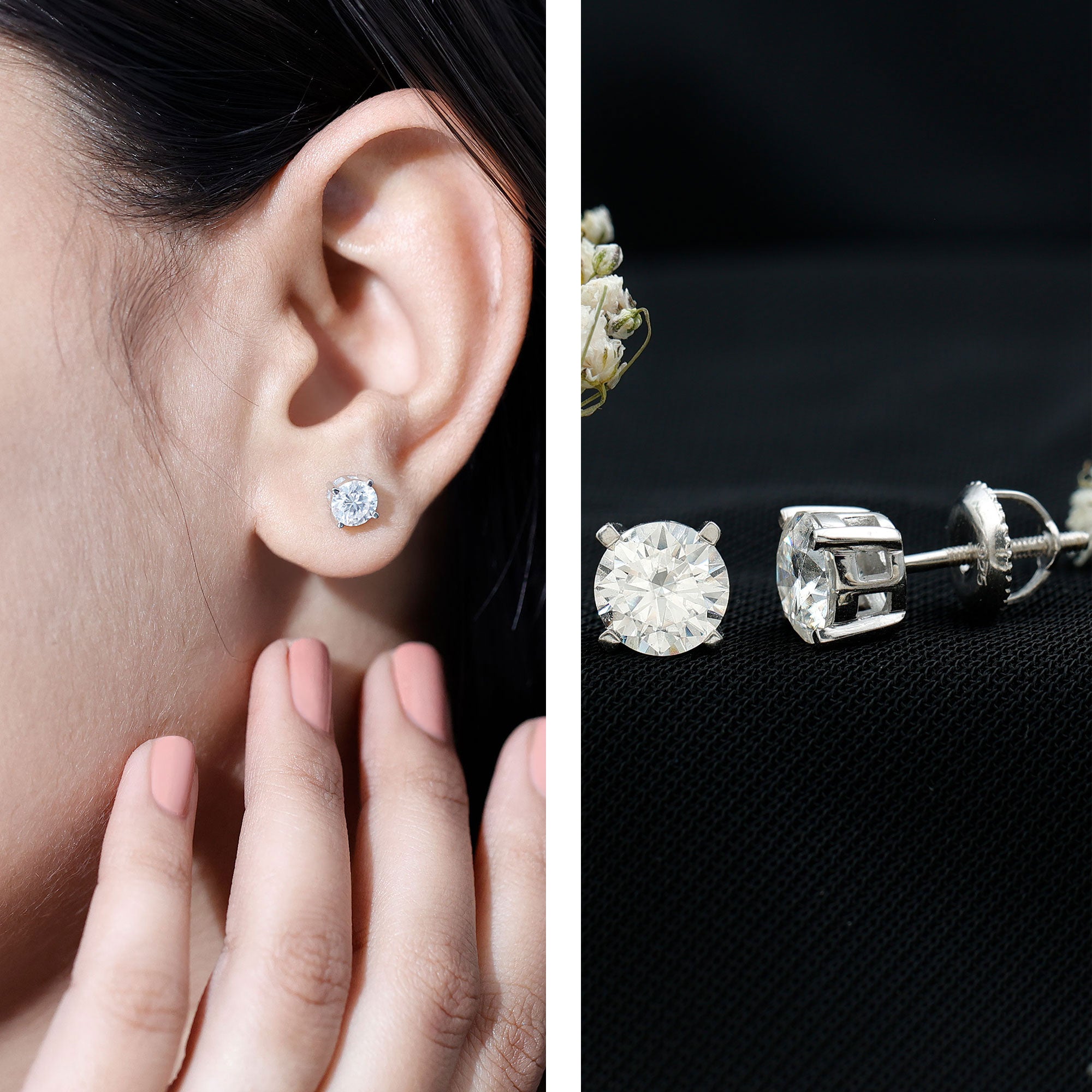 2 Carat Moissanite Solitaire Stud Earrings in Silver D-VS1 92.5 Sterling Silver - Rosec Jewels