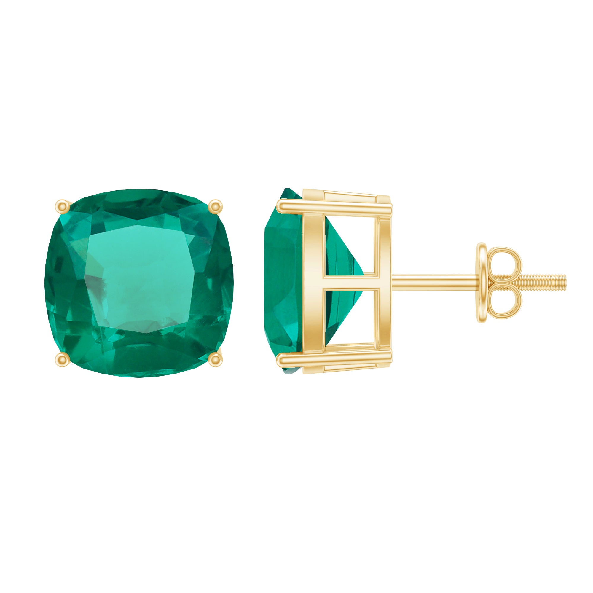 10 MM Cushion Cut Created Emerald Solitaire Stud Earrings AAAA - Rosec Jewels