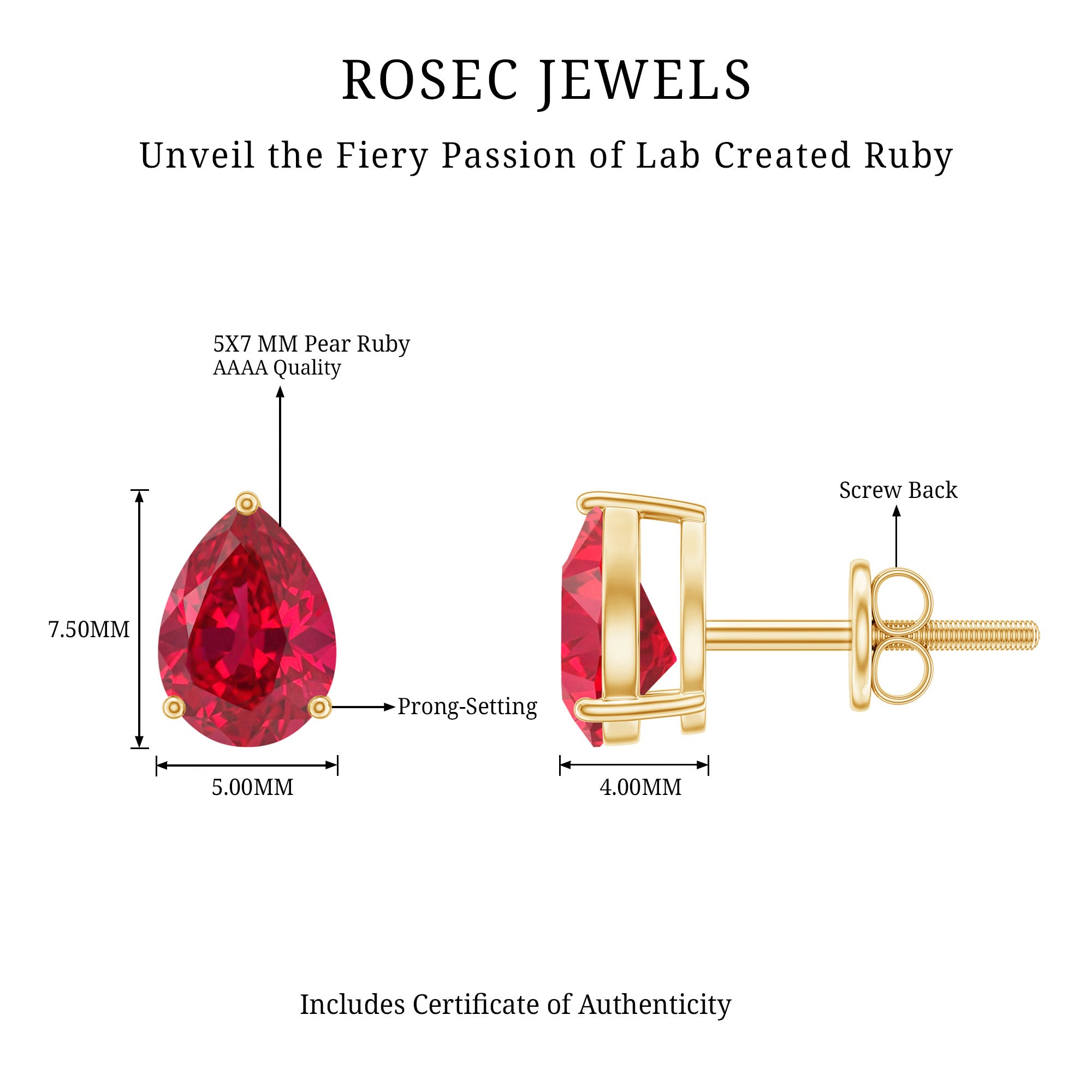 Solitaire 1.5 Carat Pear Shaped Lab Created Ruby Stud Earrings AAAA - Rosec Jewels