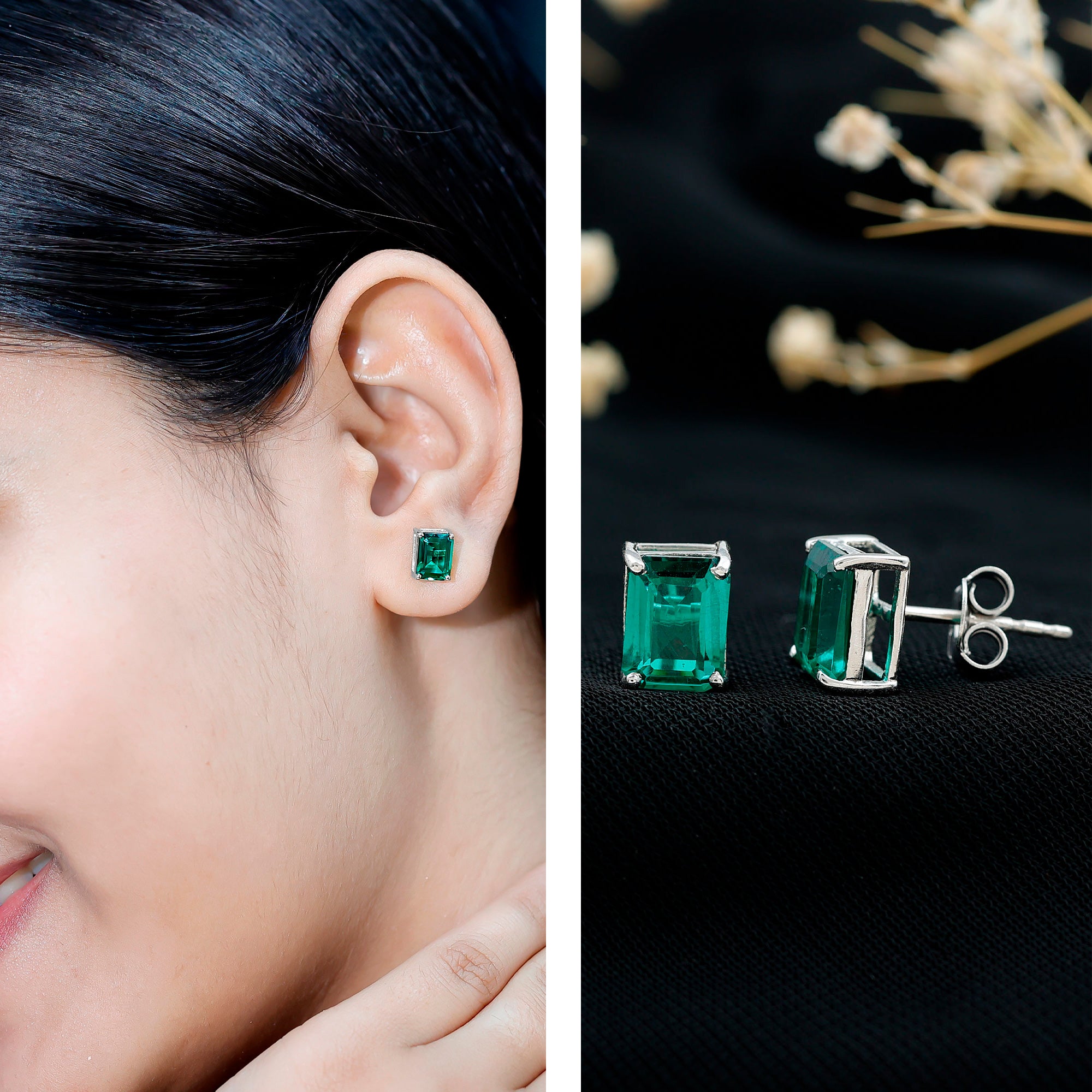 3 Carat Emerald Cut Lab Grown Emerald Solitaire Stud Earrings AAAA - Rosec Jewels