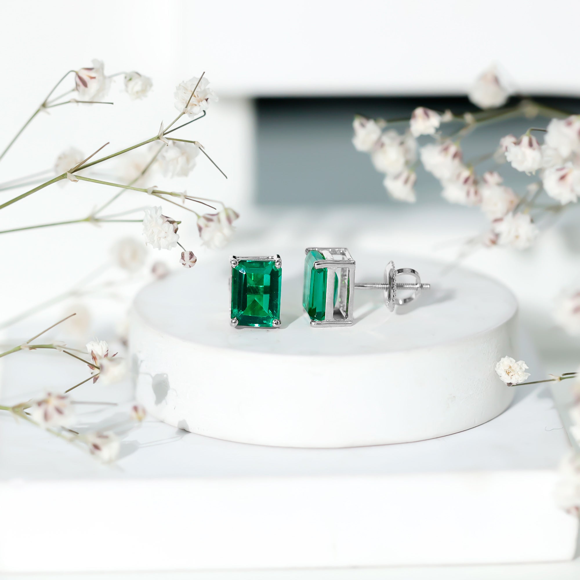 3 Carat Emerald Cut Lab Grown Emerald Solitaire Stud Earrings AAAA - Rosec Jewels