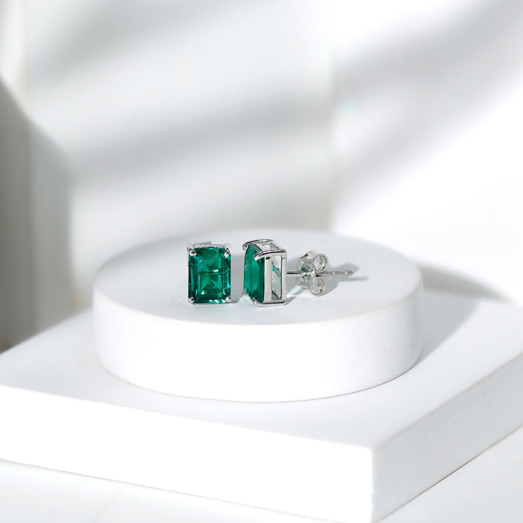3 Carat Emerald Cut Lab Grown Emerald Solitaire Stud Earrings AAAA - Rosec Jewels