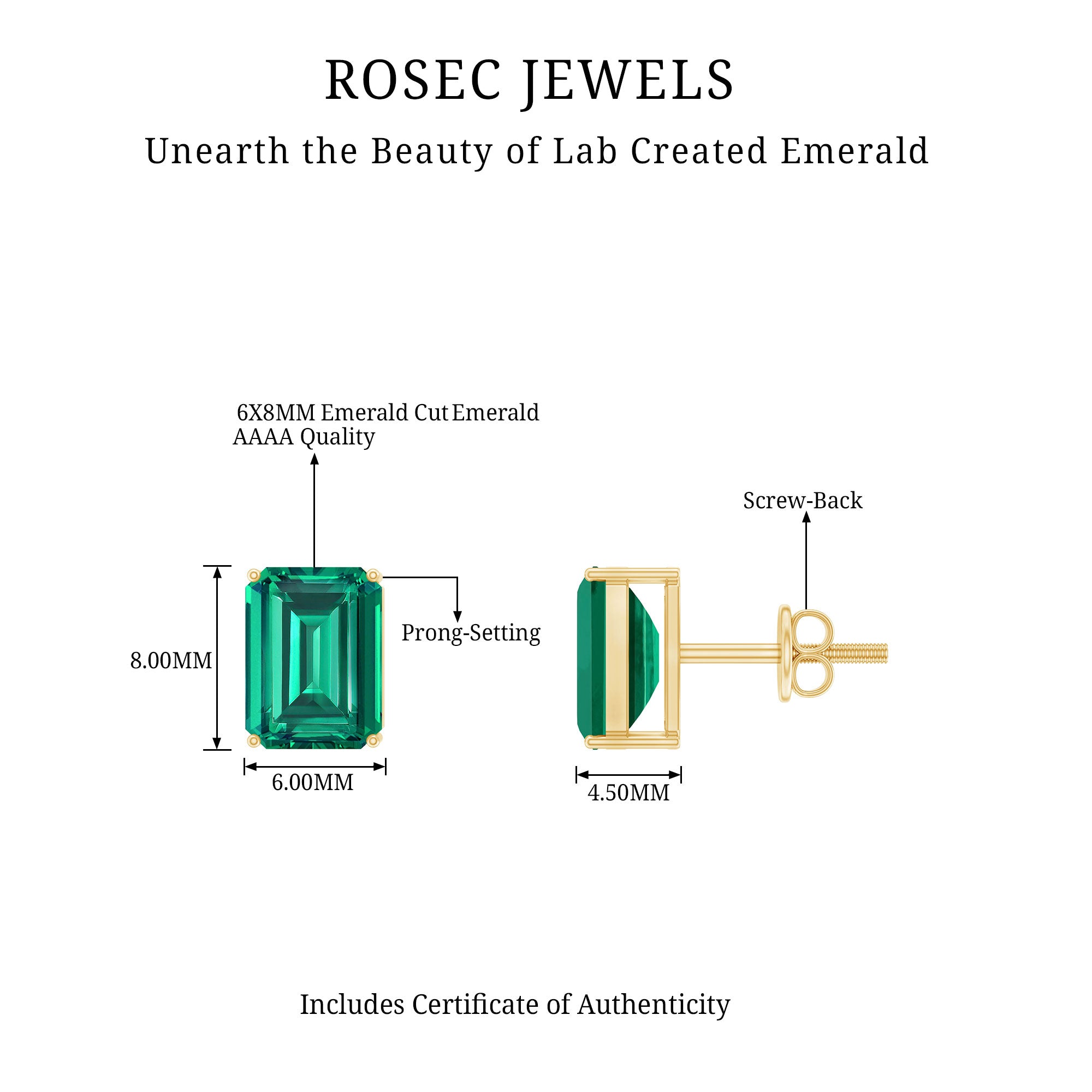 3 Carat Emerald Cut Lab Grown Emerald Solitaire Stud Earrings AAAA - Rosec Jewels