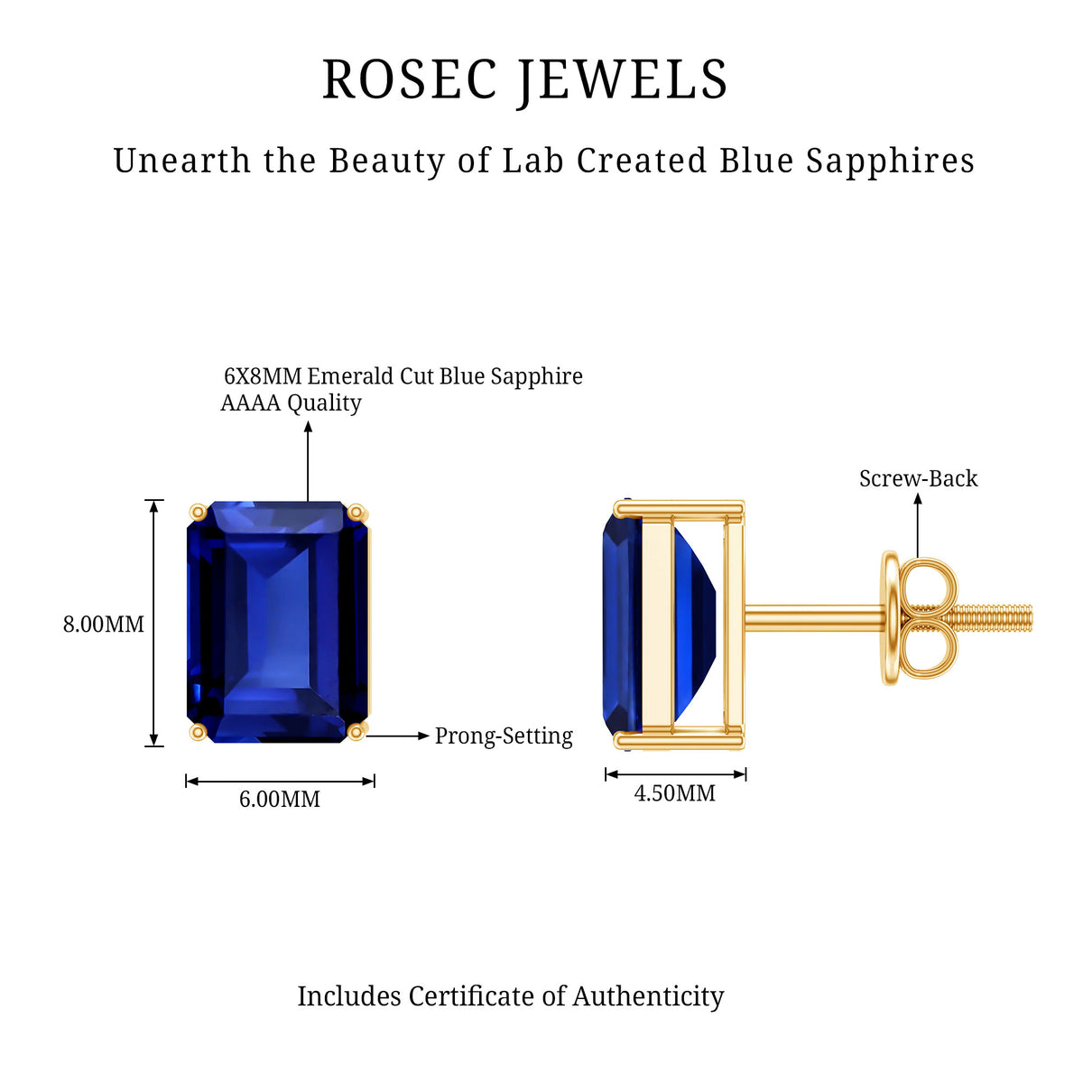3.5 CT Emerald Cut Lab Created Blue Sapphire Big Stud Earrings AAAA - Rosec Jewels