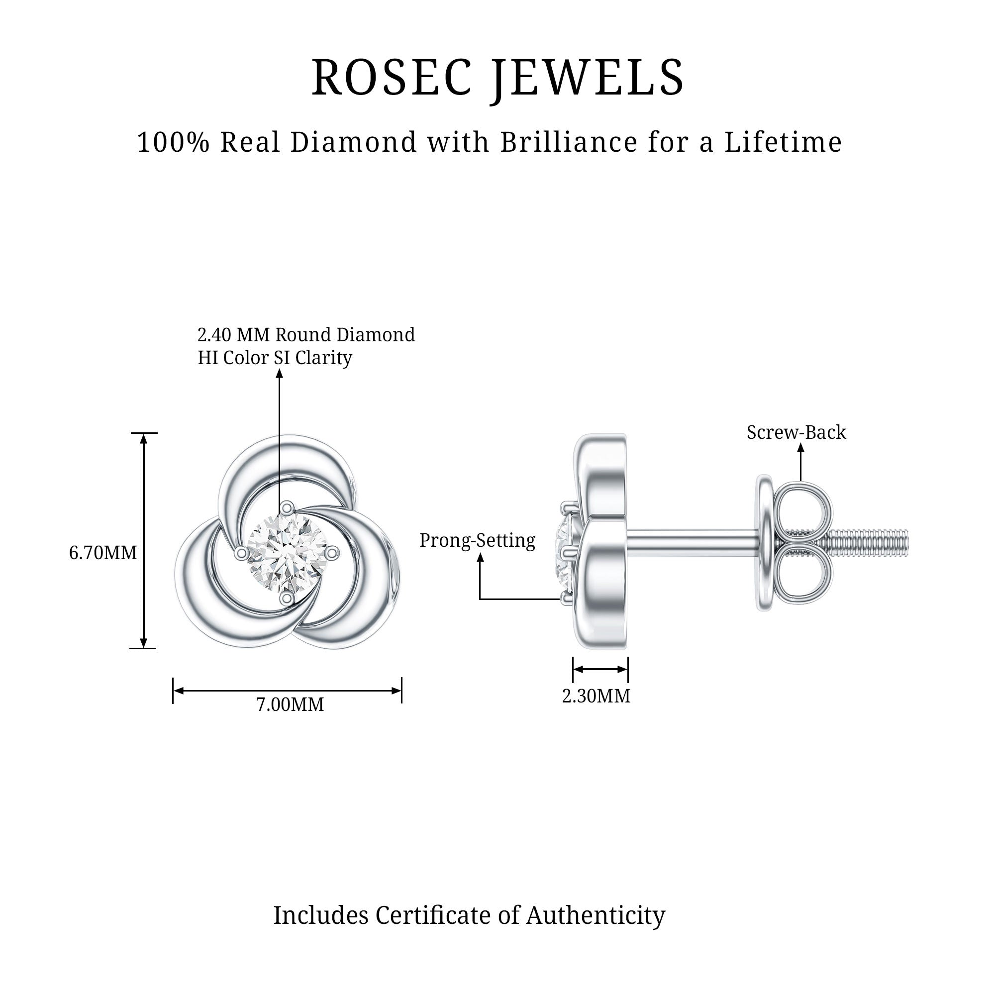 Diamond Swirl Stud Earring with Screw Back Natural - ( HI-SI ) - Rosec Jewels