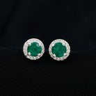 Halo Stud Earrings with Emerald and Diamond Emerald - ( AAA ) - Quality - Rosec Jewels