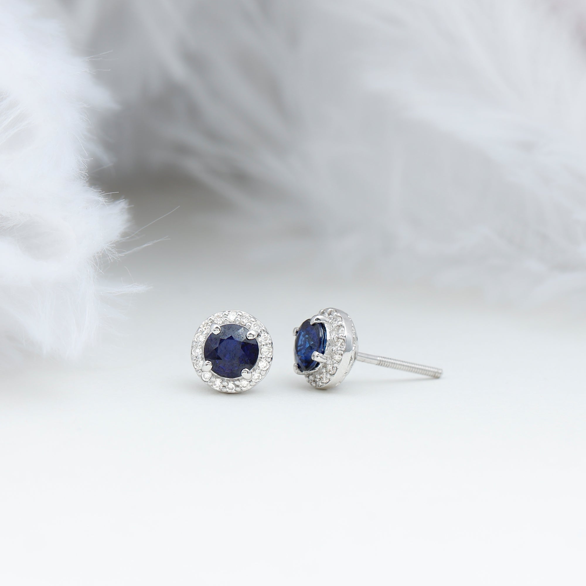 Real 1.9 Carat Blue Sapphire and Diamond Halo Stud Earrings AAA - Rosec Jewels