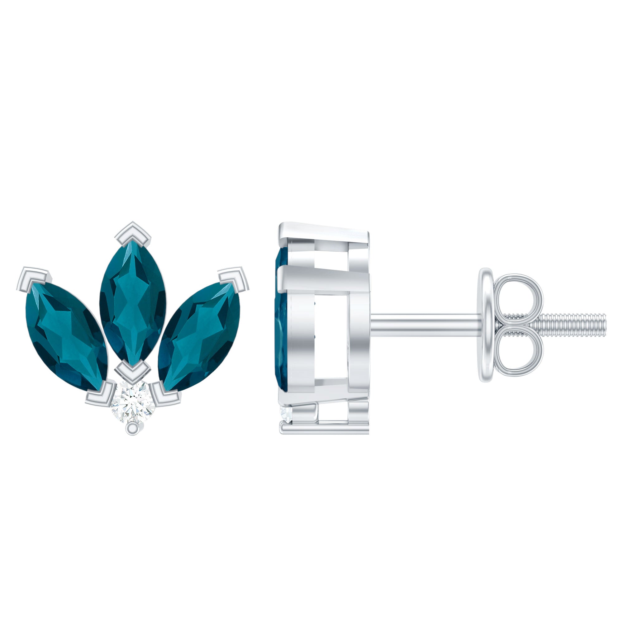 Floral Stud Earrings with London Blue Topaz and Diamond AAA - Rosec Jewels