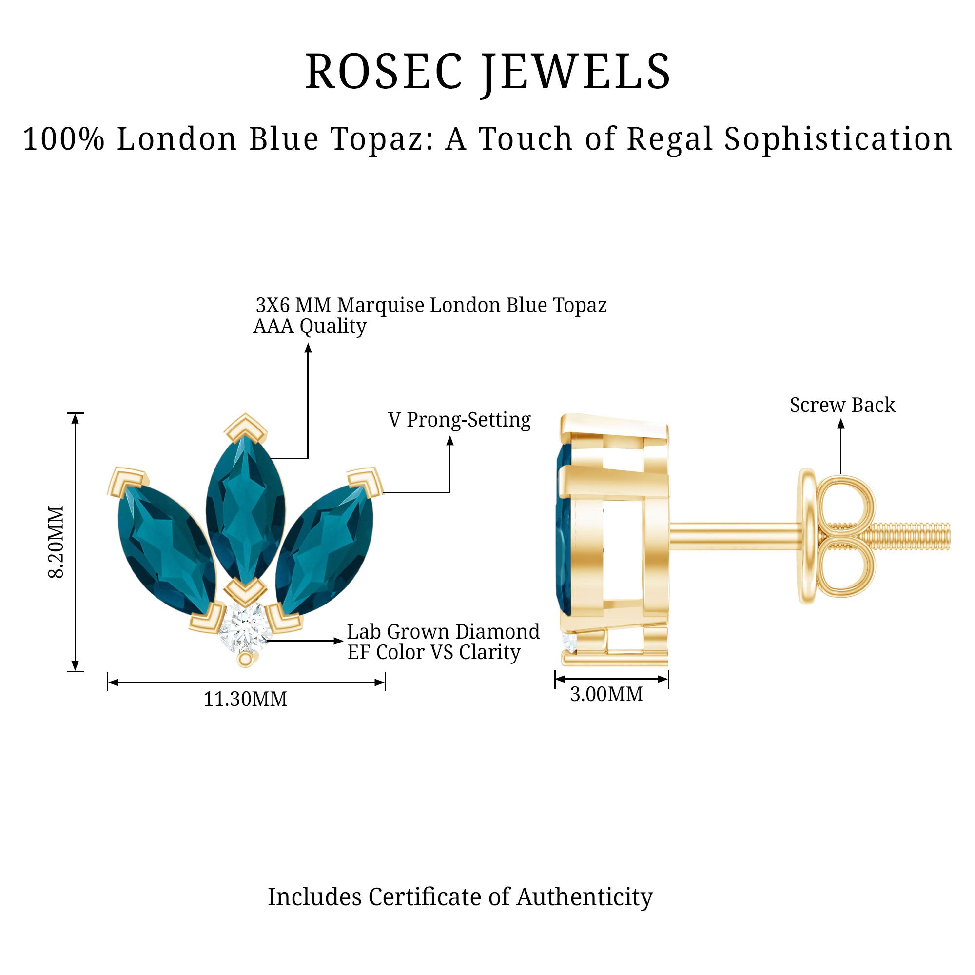 Floral Stud Earrings with London Blue Topaz and Diamond AAA - Rosec Jewels