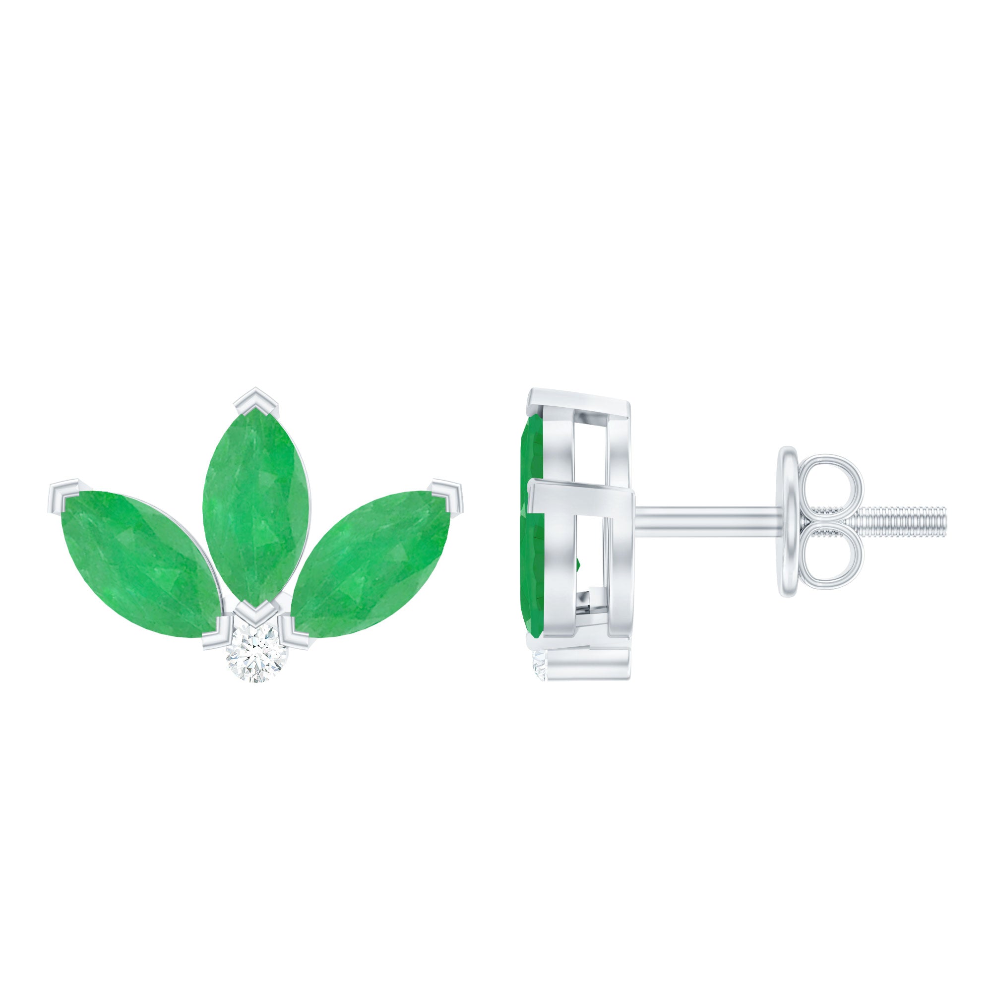 Genuine Emerald and Diamond Lotus Stud Earrings AAA - Rosec Jewels