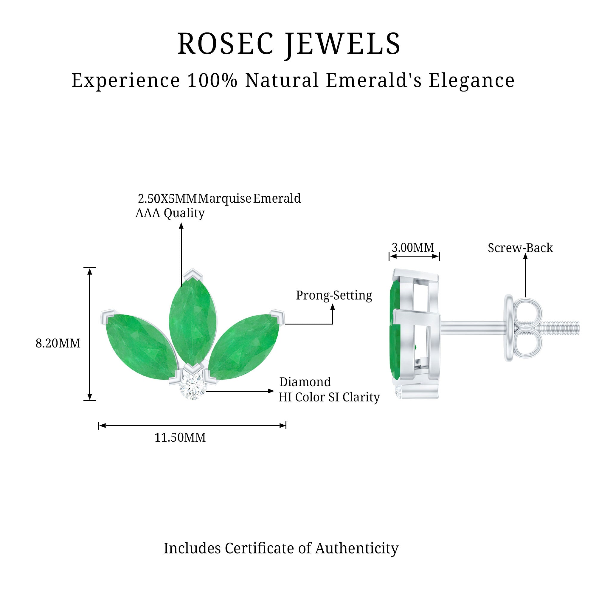 Genuine Emerald and Diamond Lotus Stud Earrings AAA - Rosec Jewels