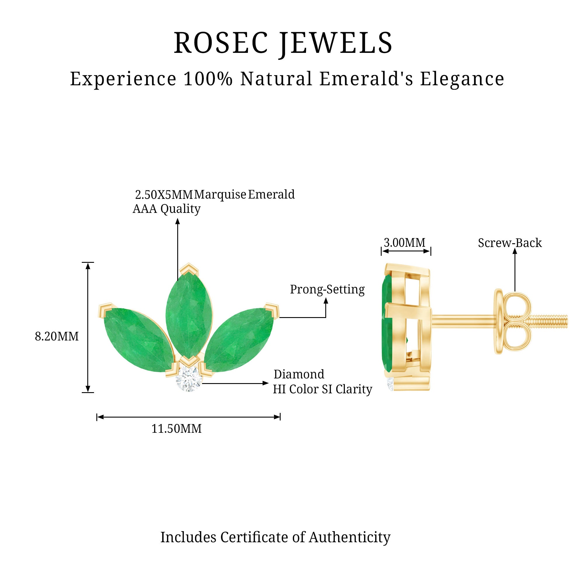 Genuine Emerald and Diamond Lotus Stud Earrings AAA - Rosec Jewels