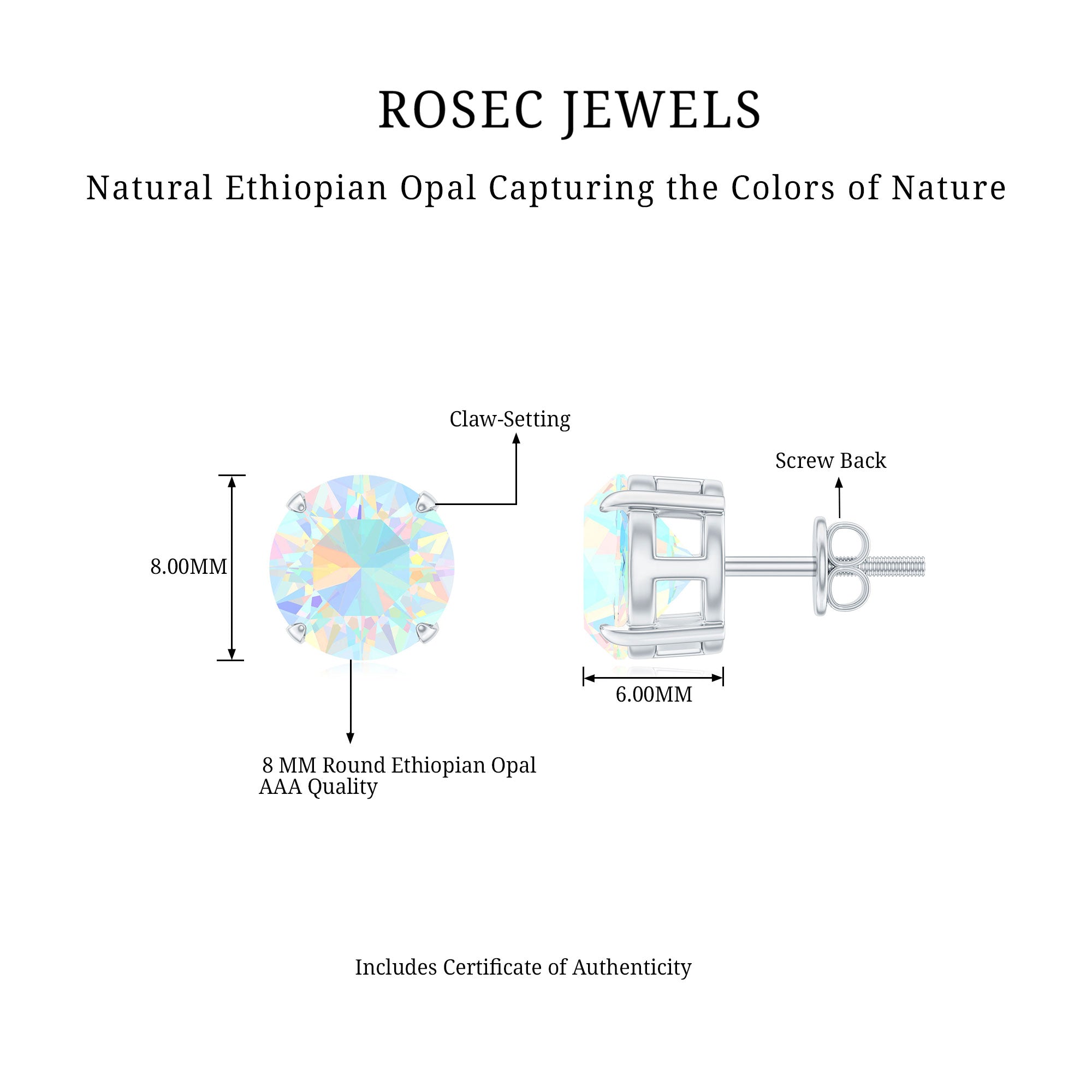 4 Carat Round Cut Ethiopian Opal Solitaire Stud Earrings for Women AAA - Rosec Jewels