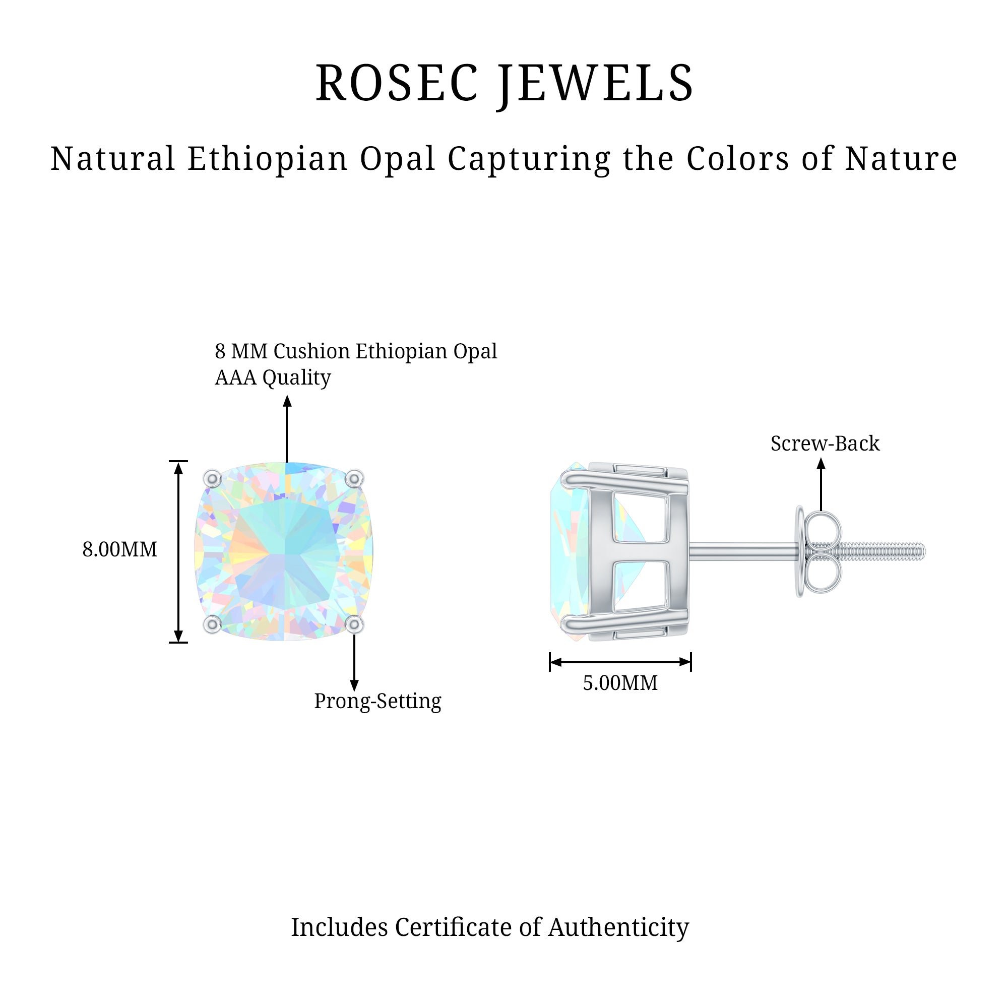 3 Carat Cushion Cut Ethiopian Opal Solitaire Stud Earrings AAA - Rosec Jewels