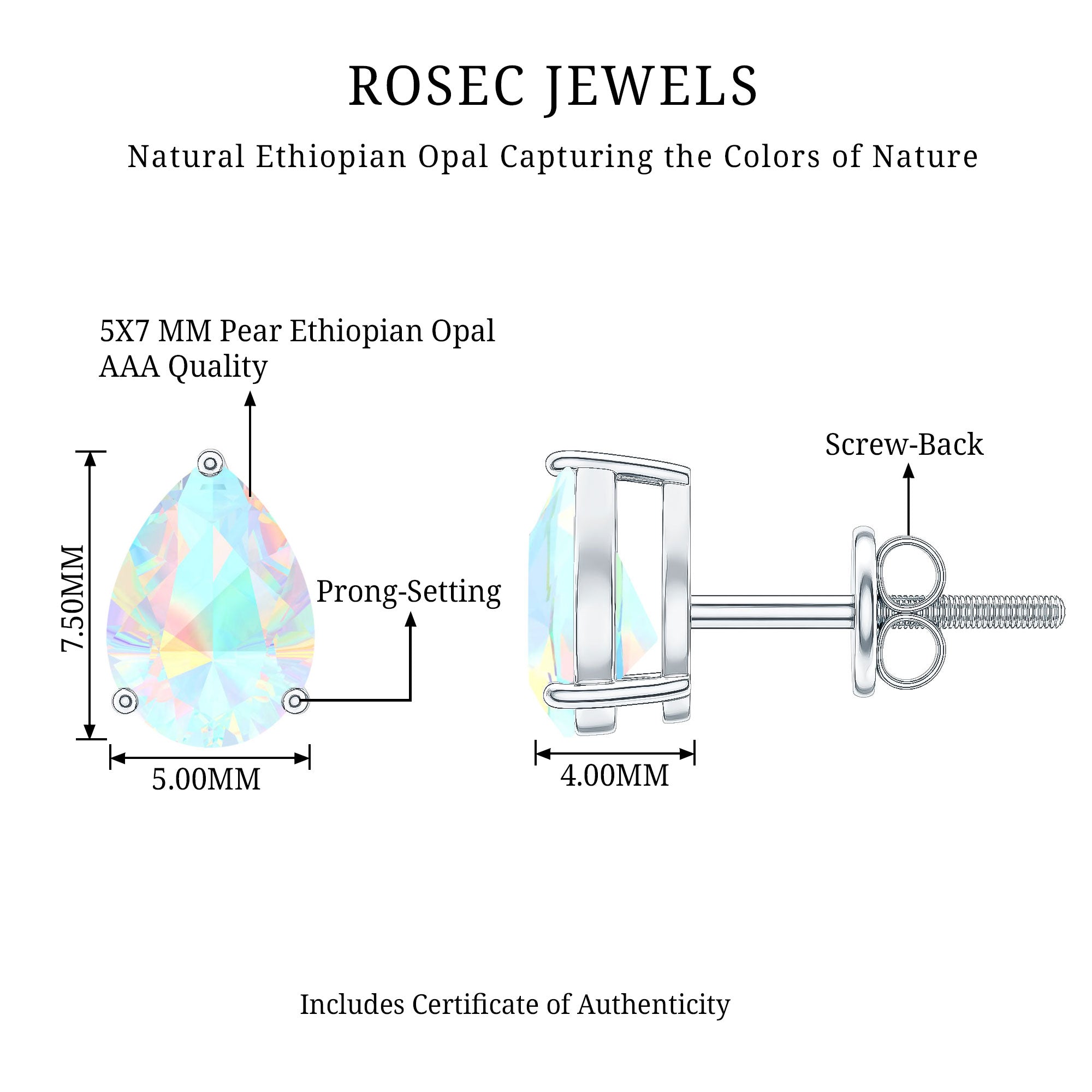 Pear Cut Ethiopian Opal Solitaire Stud Earrings in Gold AAA - Rosec Jewels