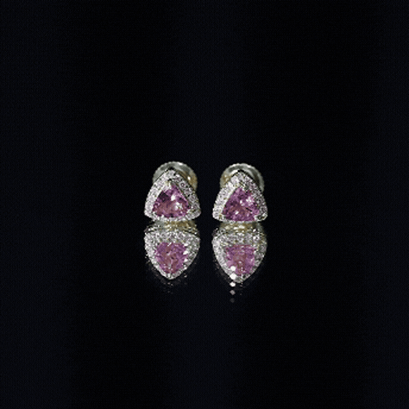 Real Trilliant Cut 1 Carat Pink Tourmaline Stud Earrings with Lab Diamond AAA 14K Yellow Gold Plated Silver - Rosec Jewels