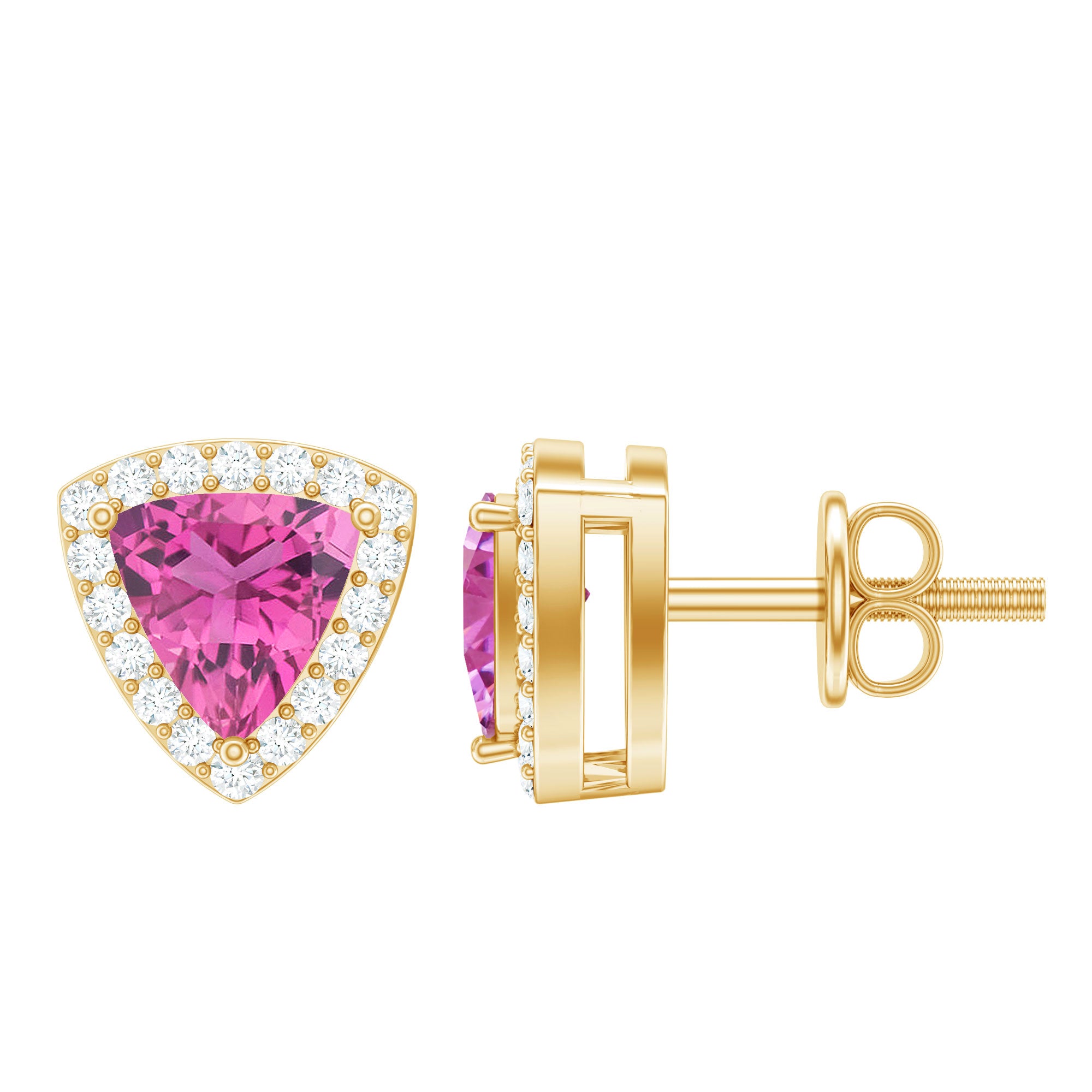 Real Trilliant Cut 1 Carat Pink Tourmaline Stud Earrings with Lab Diamond AAA 14K Yellow Gold Plated Silver - Rosec Jewels