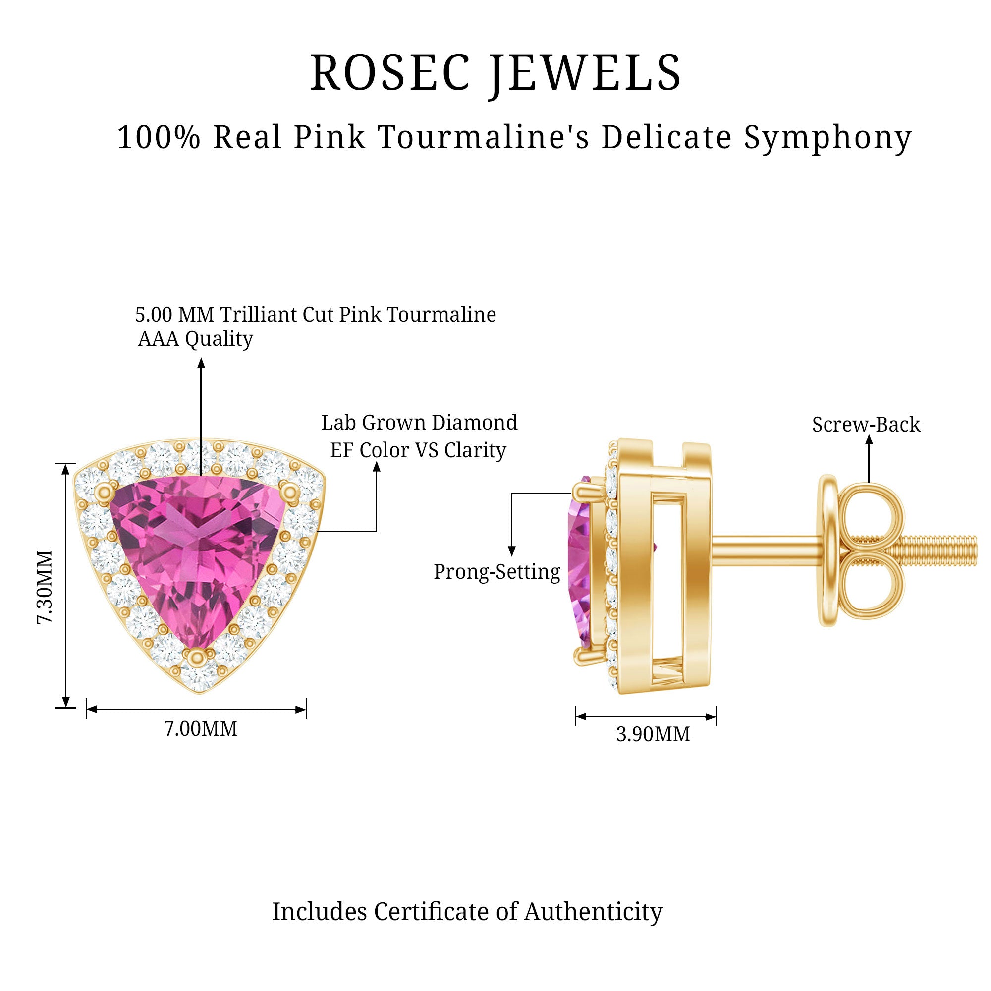 Real Trilliant Cut 1 Carat Pink Tourmaline Stud Earrings with Lab Diamond AAA 14K Yellow Gold Plated Silver - Rosec Jewels