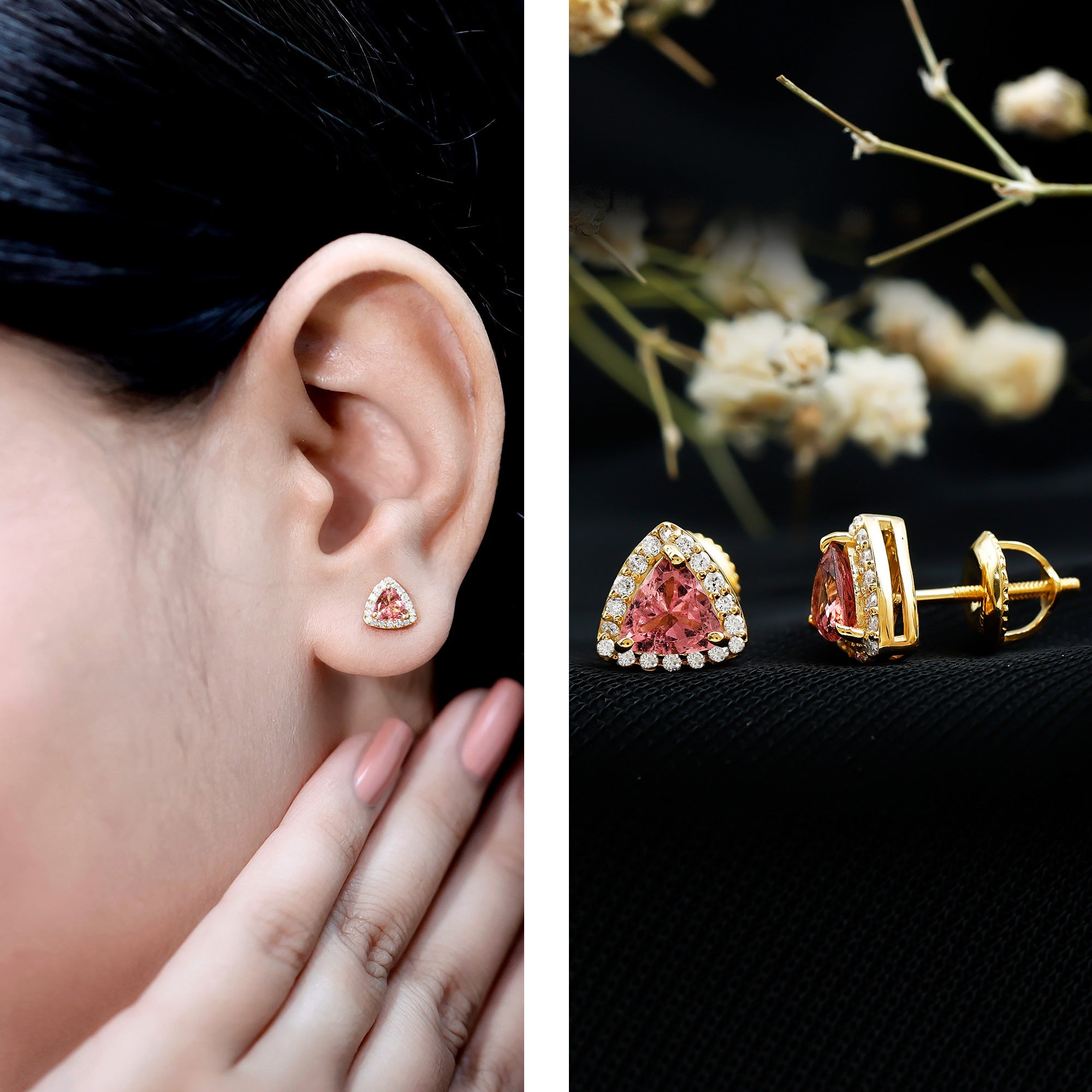 Real Trilliant Cut 1 Carat Pink Tourmaline Stud Earrings with Lab Diamond AAA 14K Yellow Gold Plated Silver - Rosec Jewels