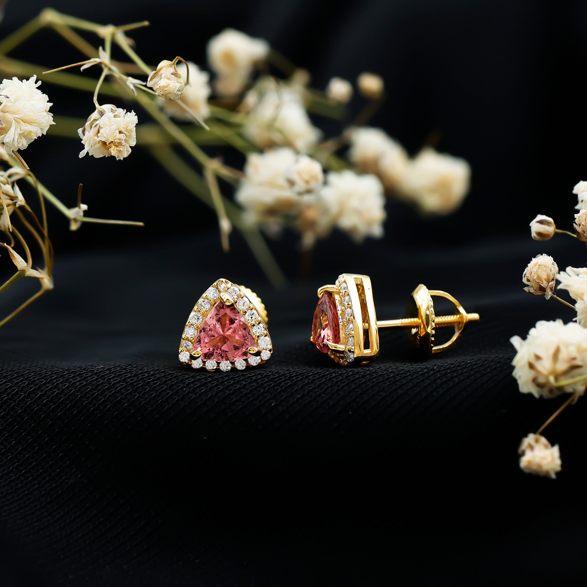 Real Trilliant Cut 1 Carat Pink Tourmaline Stud Earrings with Lab Diamond AAA 14K Yellow Gold Plated Silver - Rosec Jewels