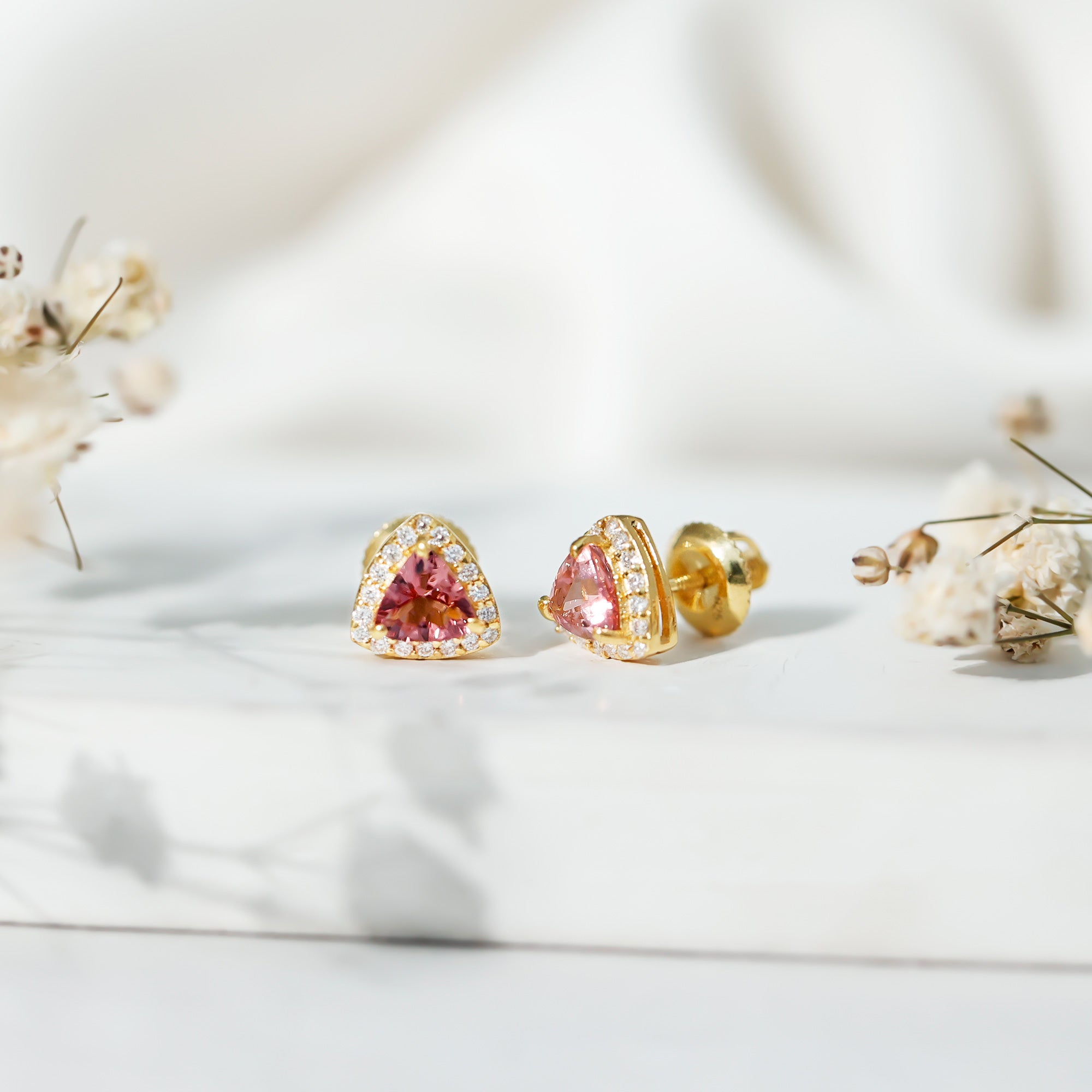 Real Trilliant Cut 1 Carat Pink Tourmaline Stud Earrings with Lab Diamond AAA 14K Yellow Gold Plated Silver - Rosec Jewels