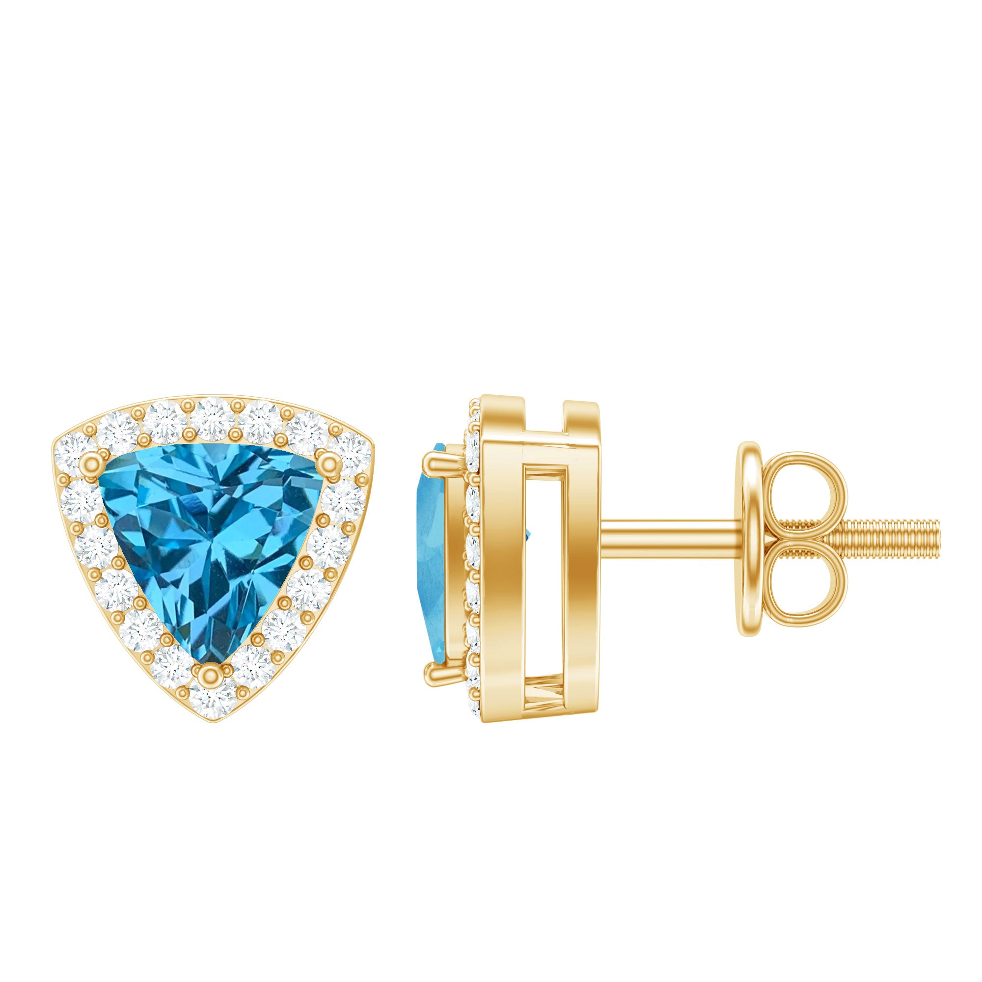 Natural Trilliant Cut Blue Topaz and Diamond Stud Earrings AAA 14K Yellow Gold Plated Silver - Rosec Jewels