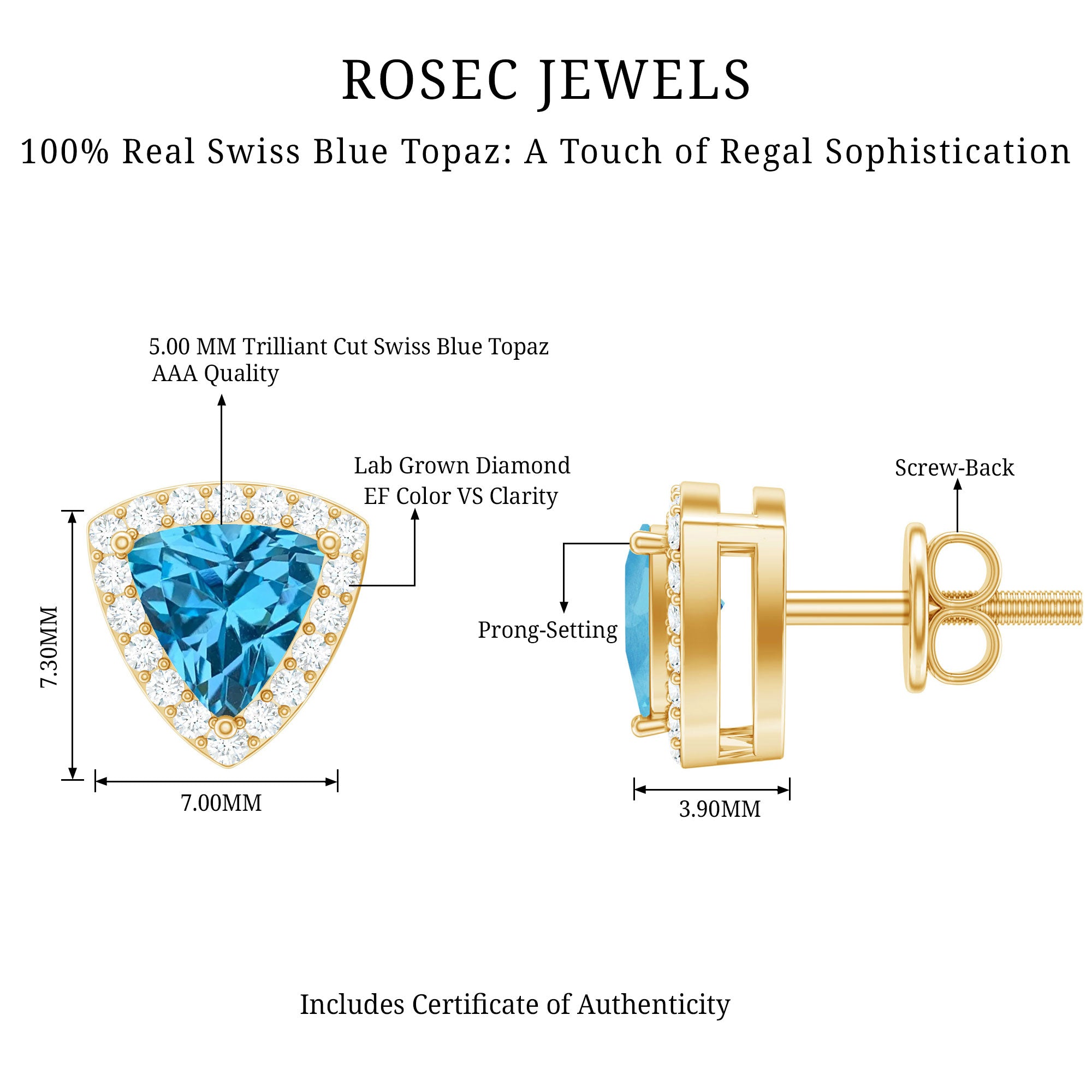 Natural Trilliant Cut Blue Topaz and Diamond Stud Earrings AAA 14K Yellow Gold Plated Silver - Rosec Jewels