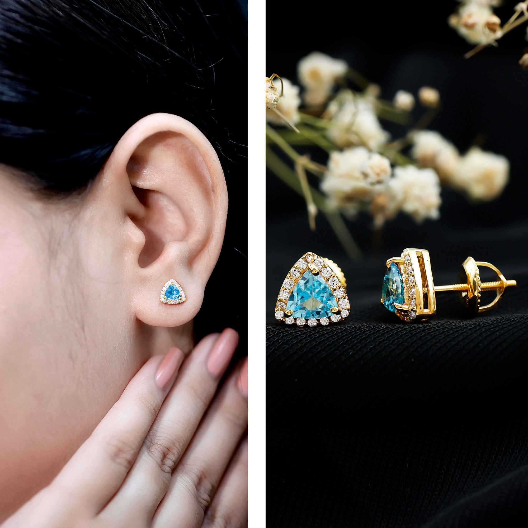Natural Trilliant Cut Blue Topaz and Diamond Stud Earrings AAA 14K Yellow Gold Plated Silver - Rosec Jewels