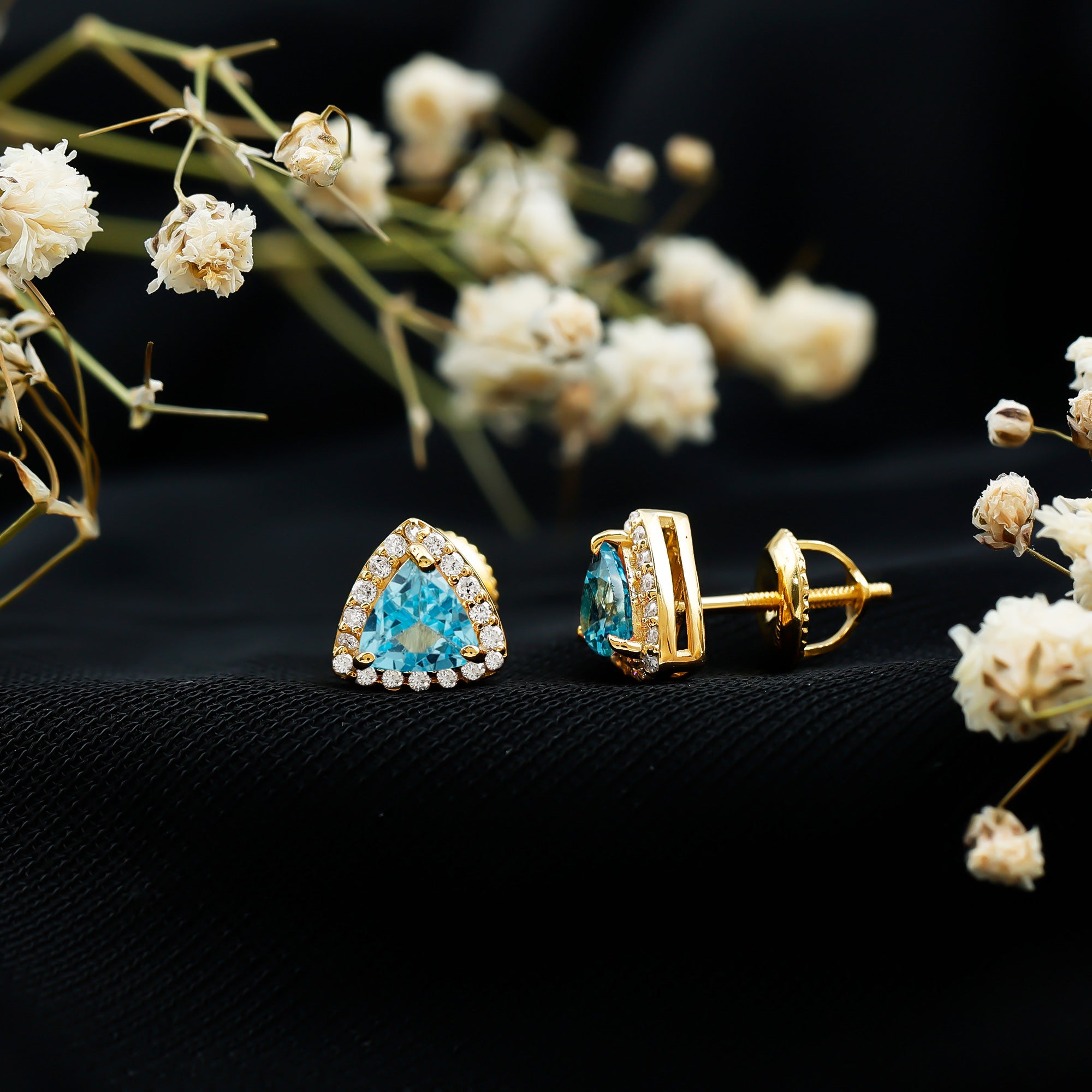 Natural Trilliant Cut Blue Topaz and Diamond Stud Earrings AAA 14K Yellow Gold Plated Silver - Rosec Jewels