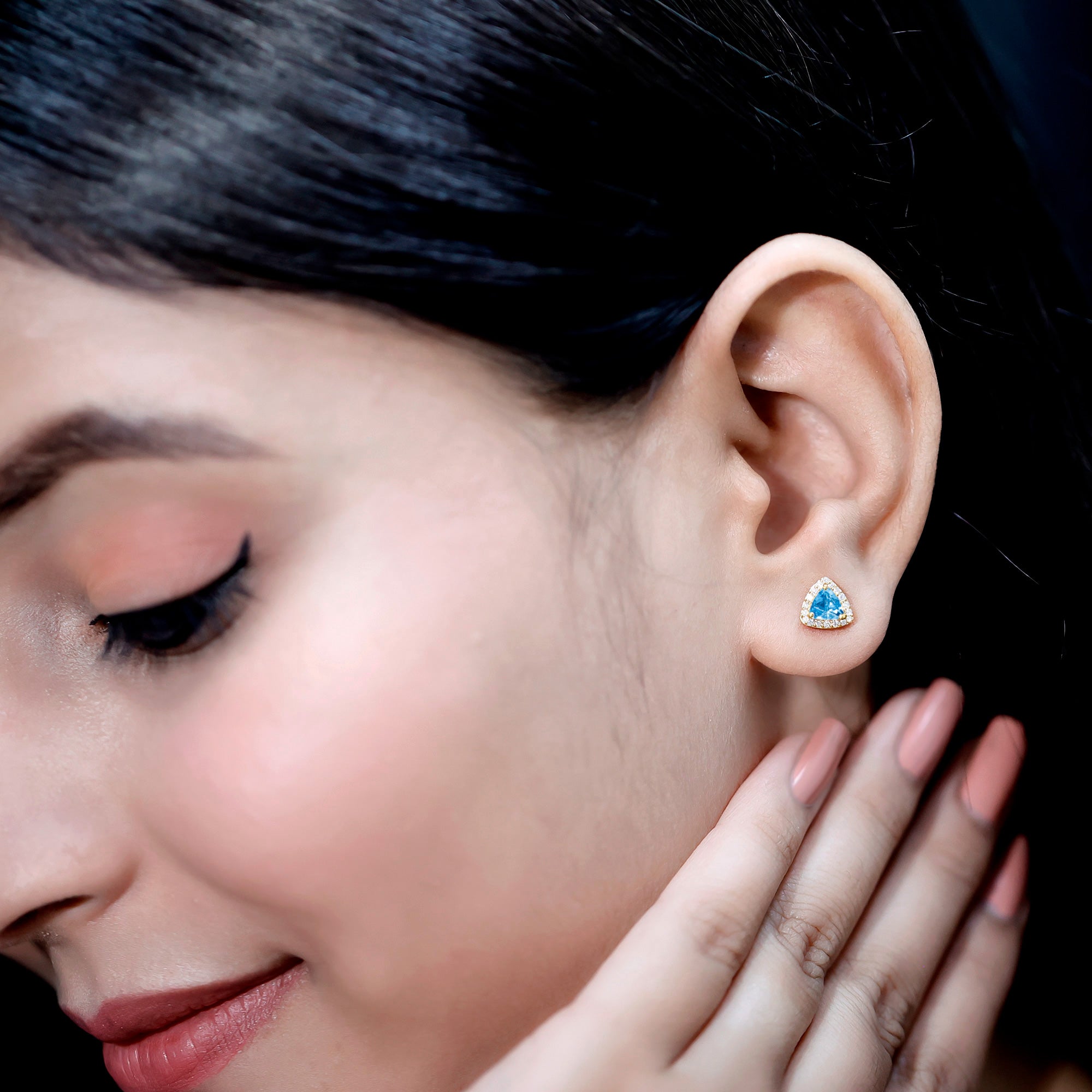 Natural Trilliant Cut Blue Topaz and Diamond Stud Earrings AAA 14K Yellow Gold Plated Silver - Rosec Jewels