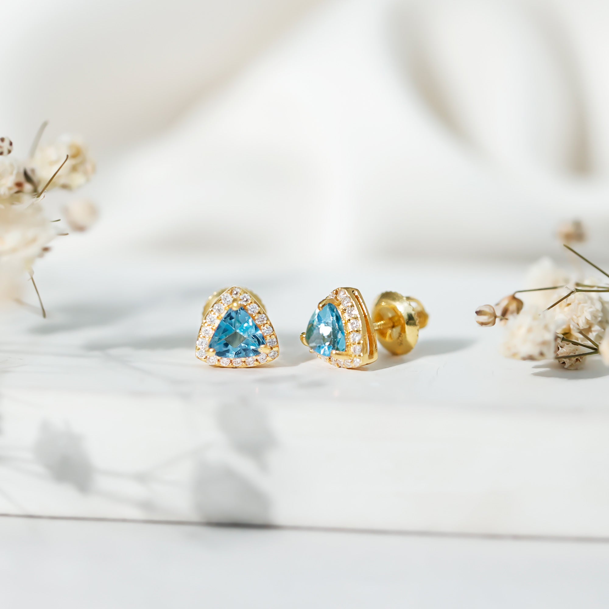 Natural Trilliant Cut Blue Topaz and Diamond Stud Earrings AAA 14K Yellow Gold Plated Silver - Rosec Jewels