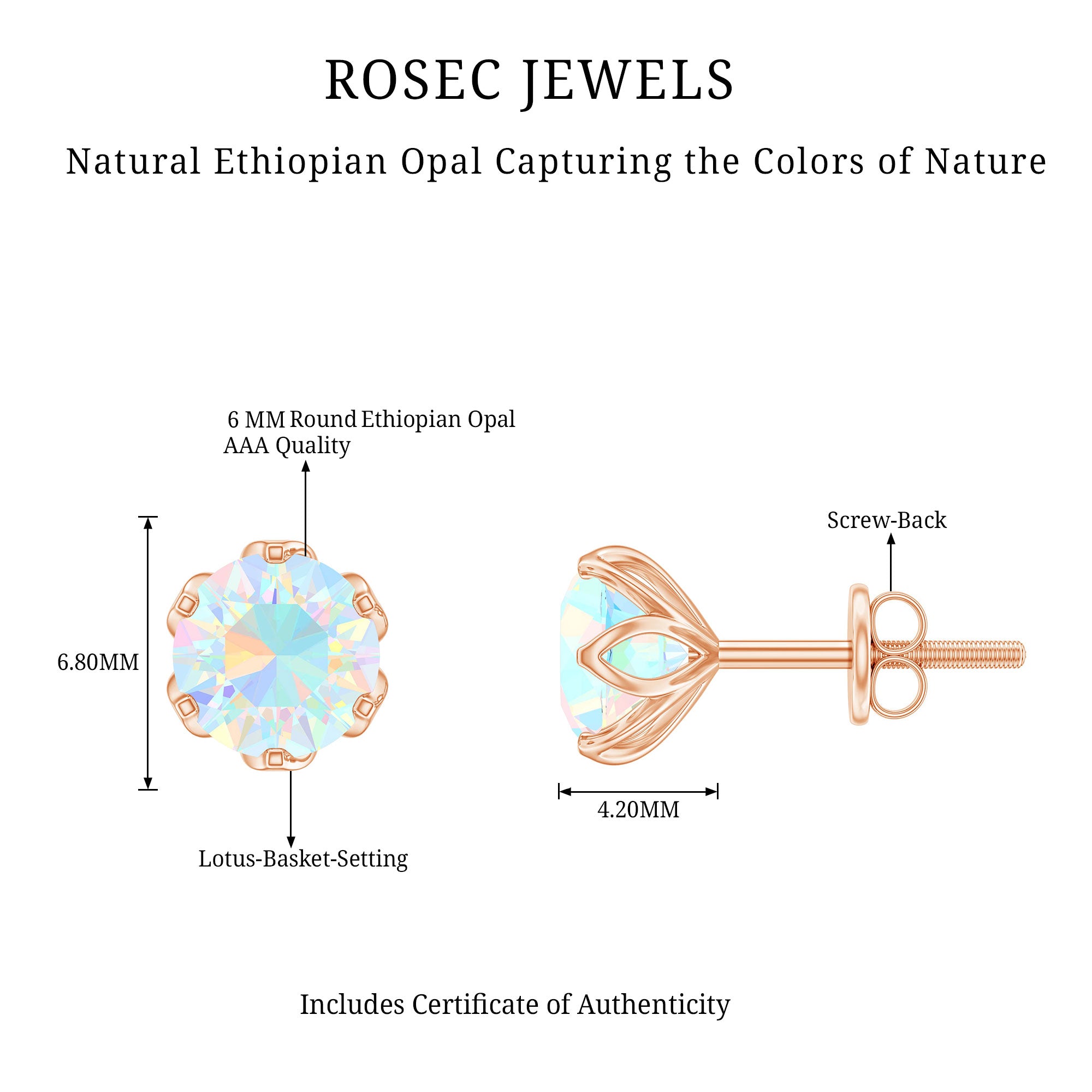 Natural 6mm Opalescent Earrings with Screw Back AAA - Rosec Jewels