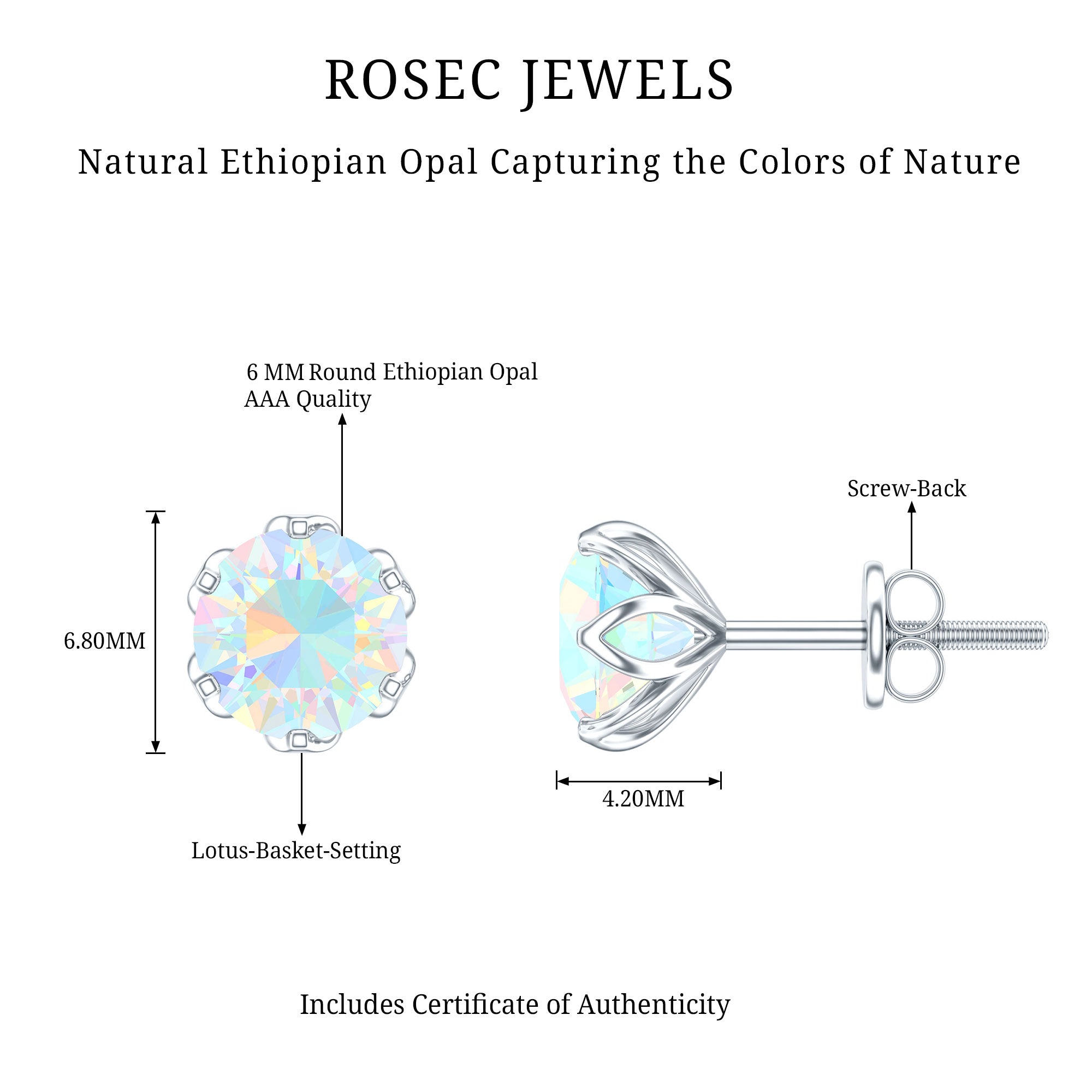 Natural 6mm Opalescent Earrings with Screw Back AAA - Rosec Jewels