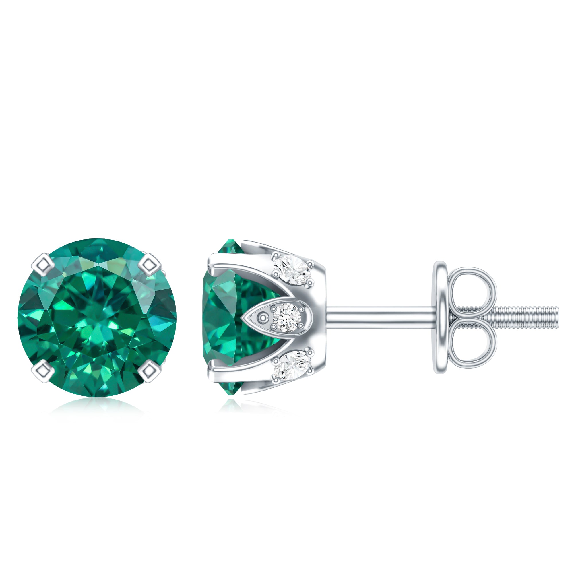 Round Lab Created Emerald Solitaire Stud Earrings with Diamonds AAAA - Rosec Jewels