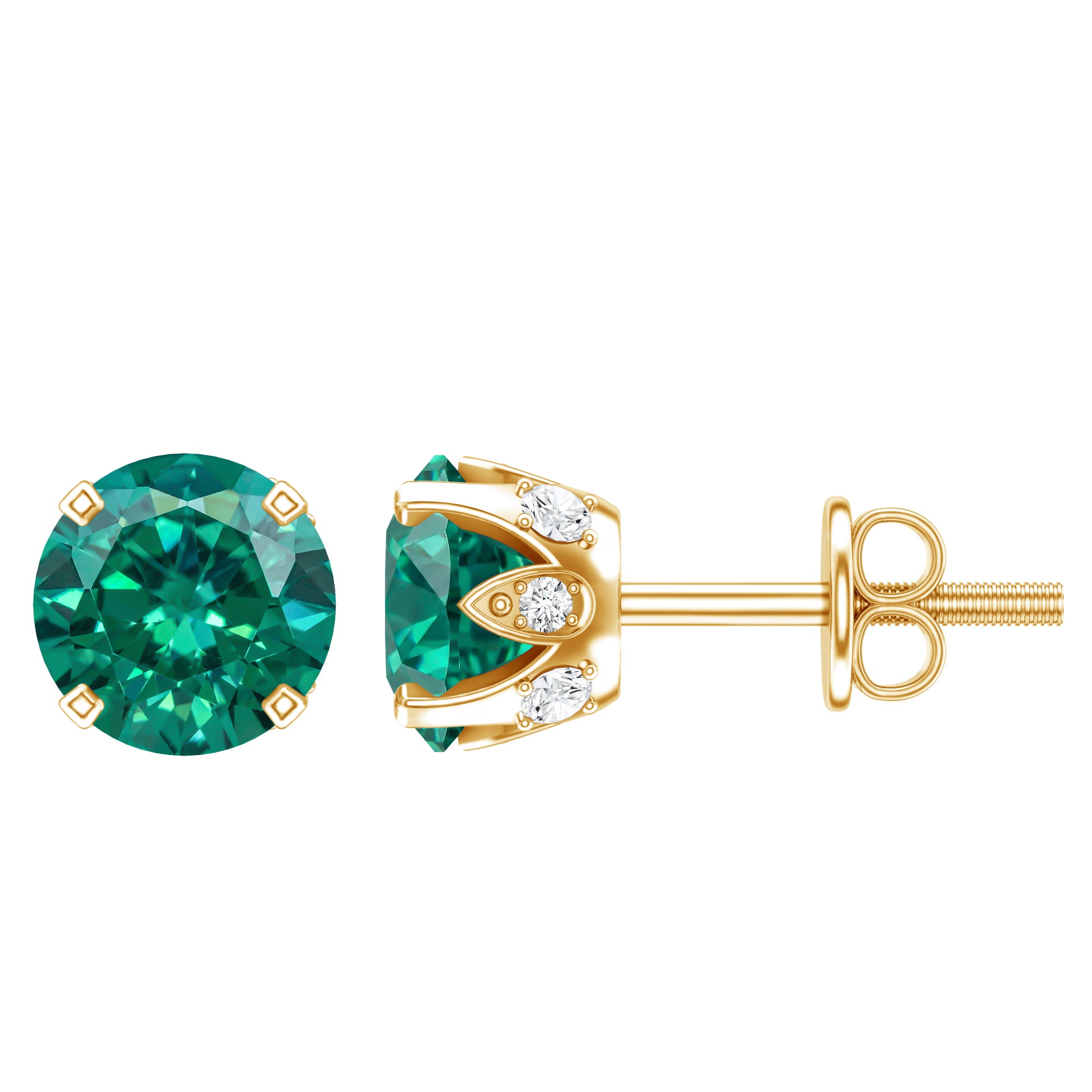 Round Lab Created Emerald Solitaire Stud Earrings with Diamonds AAAA - Rosec Jewels