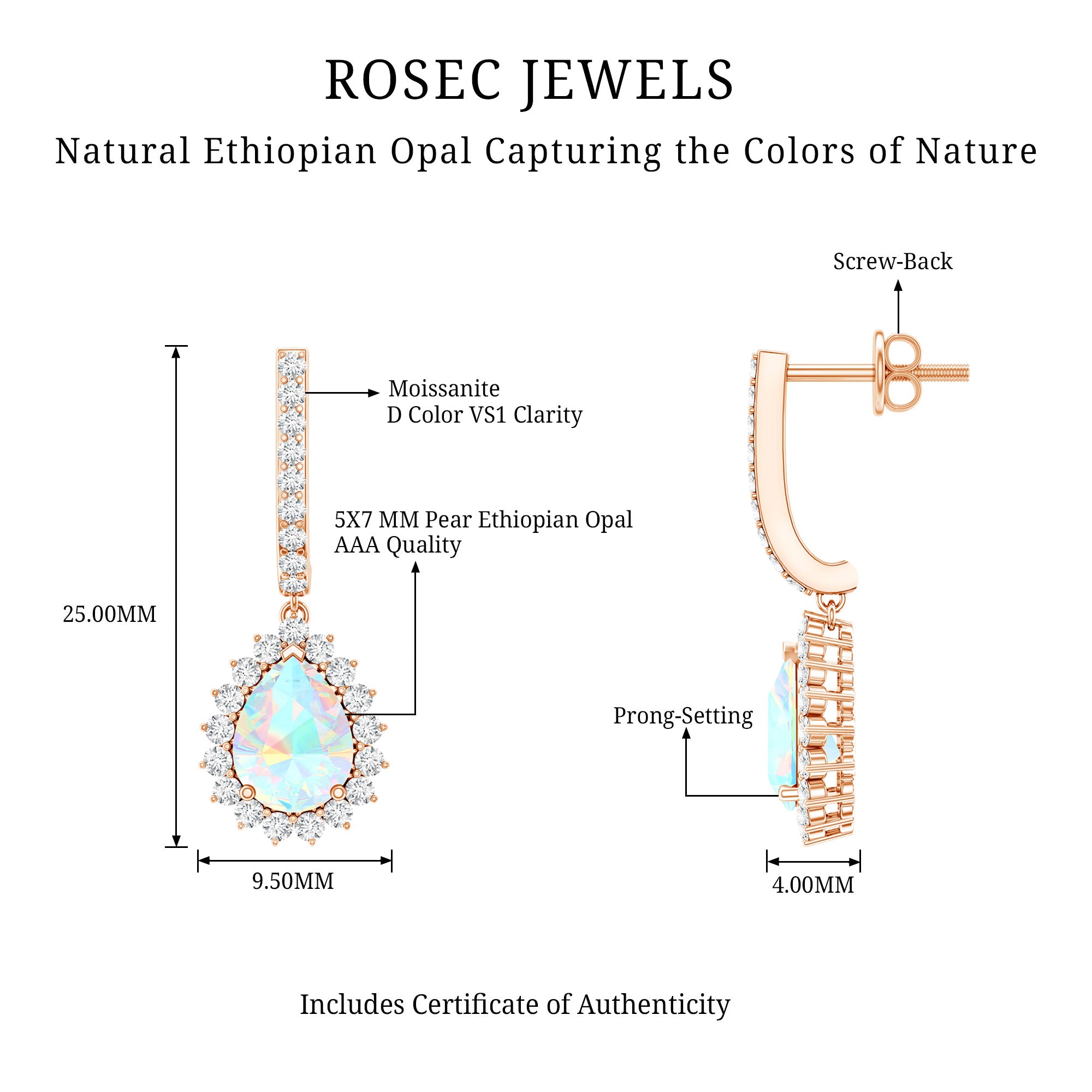Natural Ethiopian Opal Teardrop Bridal Earrings with Moissanite Accent AAA - Rosec Jewels
